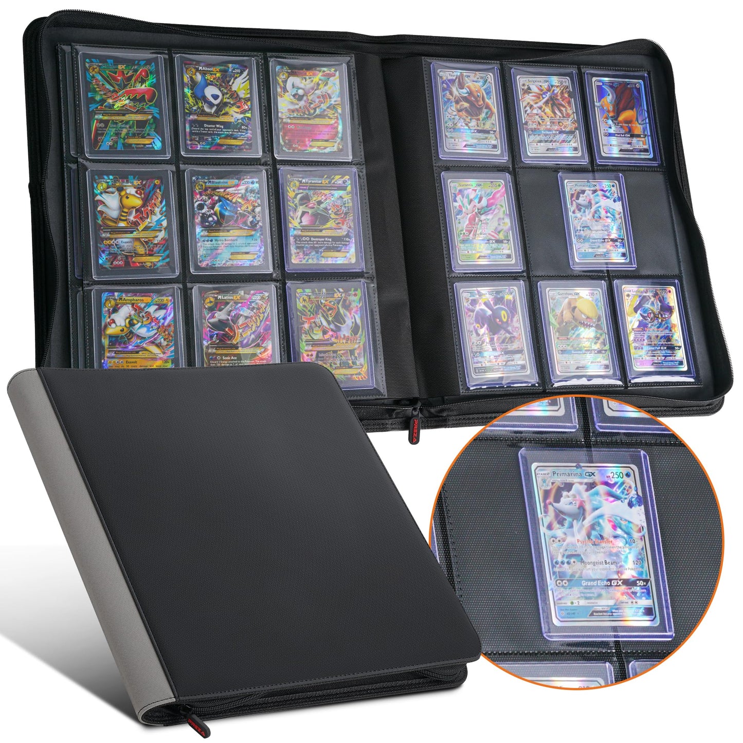 PREZA Toploader Binder - Holds 216 Top Loaders - 9 Pocket Top Loader Binders - Trading Card Binder for Toploaders - Top Loader Binder Card Storage Box (Black)