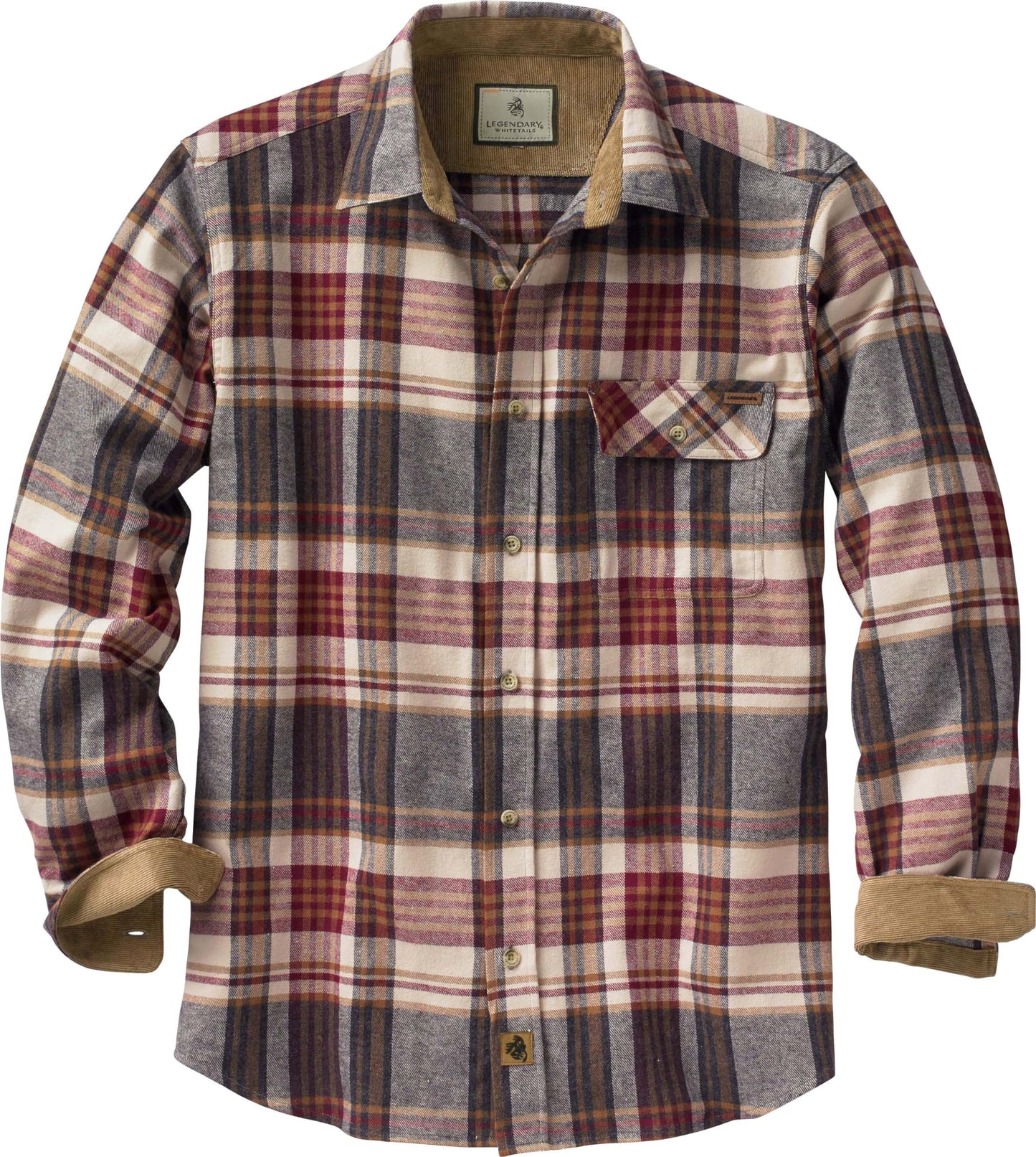 Legendary Whitetails Men's Buck Buck Camp Flannel Shirt, Long Sleeve Plaid Button Down Casual Shirt for Men, with Corduroy Cuffs, Fall & Winter Clothing, Cedarwood Plaid, XX-Large