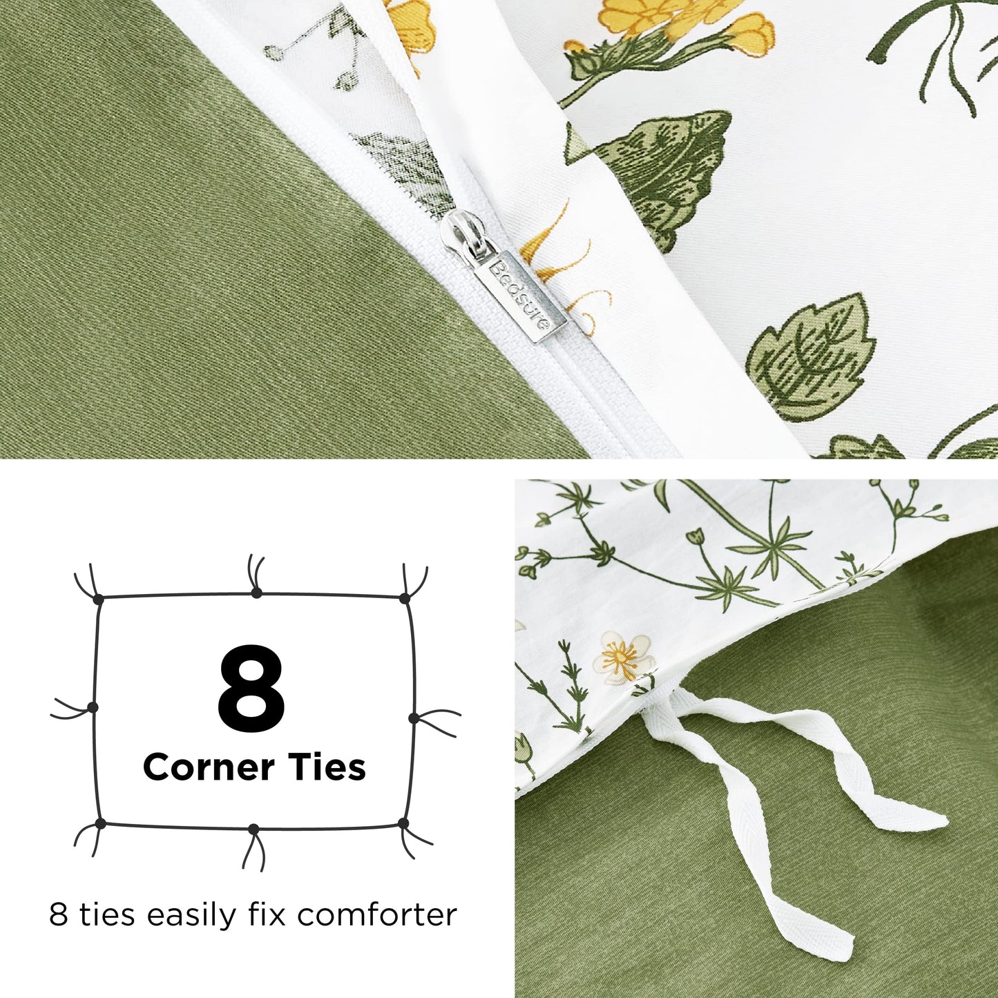Bedsure Duvet Cover Queen Size - 100% Cotton Reversible Floral Queen Duvet Cover Set with Zipper Closure, 3 Pieces Soft & Breathable Green Bedding Set with 2 Pillow Shams 20"x26"