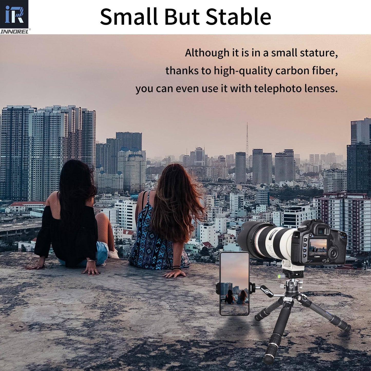 INNOREL 10-Layer Carbon Fiber Mini Tripod CT223C with 28mm Low Profile Ballhead & Center Column, Black, Tabletop Camera & Smartphone Tripod, Compact Portable, Max Load 22lb/10kg