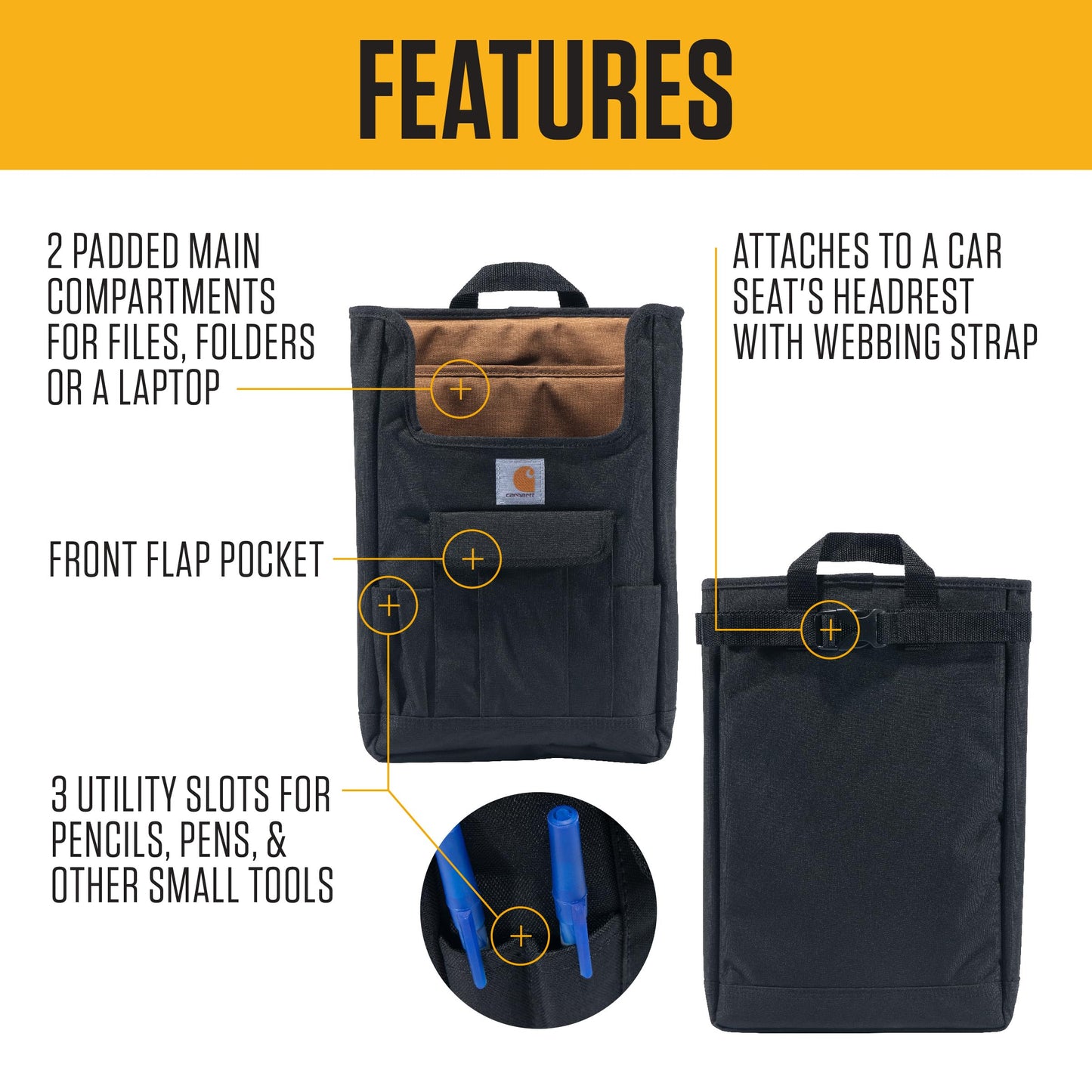 Carhartt Front Seat Car Organizer, Passenger Seat Storage & Organization for Books, Files, Folders, Laptop & More, Front Seat Organizer (Black)