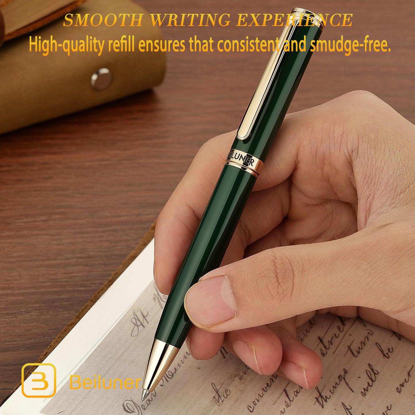 BEILUNER Luxury Gel Pen with 24K Gold Electroplating Finish, Green Piano Lacquer, Nice Craftsmanship, Best Gel Pen Gift Set for Men and Women, Professional, Office, Retractable, Designer Pens