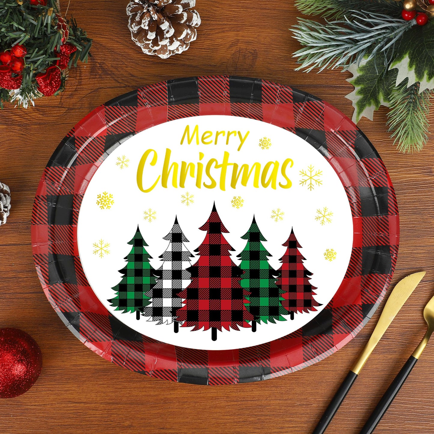 Christmas Paper Platters Disposable Christmas Trees Oval Party Plates 10" x 12" Large Buffalo Plaid Xmas Dinner Serving Platters for Xmas Party Supplies Dinnerware Table Decorations, 50 Pcs