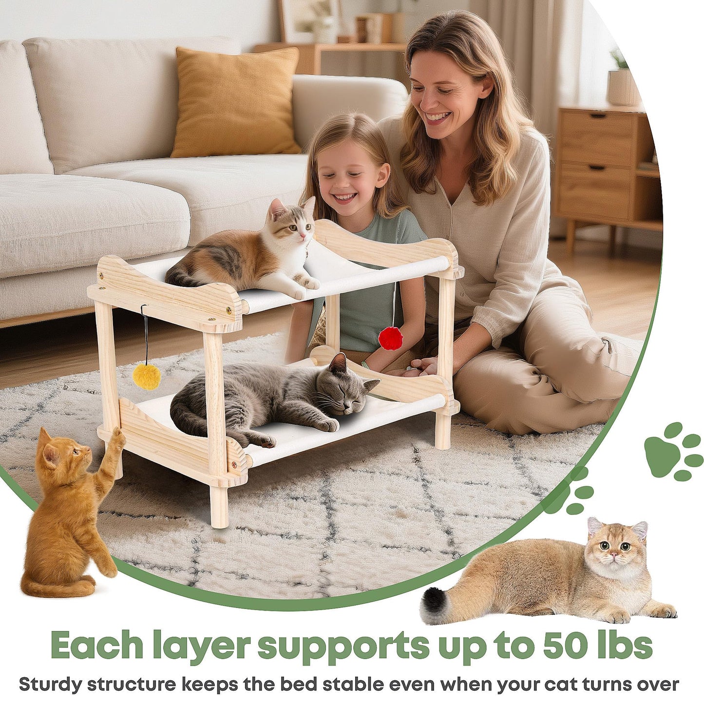 MITREL Large 2-Layer Cat Hammock Bed, 24"x15.7"x16.3" Elevated Cat Bed with Pine Wood Frame, Breathable Washable Covers, Wooden Pet Furniture for Indoor Cats and Small Animals