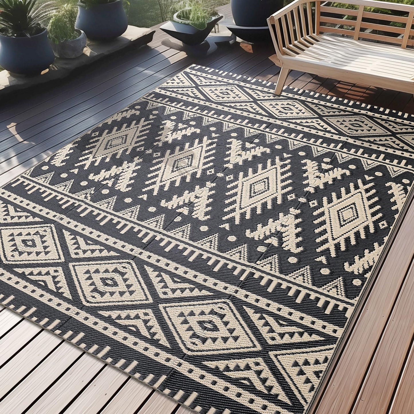 OLANLY Waterproof Outdoor Rug 5x8 ft, Reversible Plastic Straw Patio Camping Rugs, Large Foldable Outdoor Carpet Deck Rugs for Patio, RV, Outside Entry, Backyard, Bench, Picnic, Black & Beige