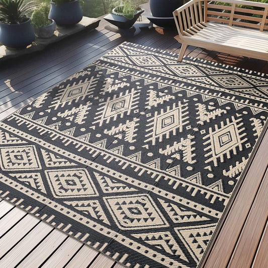 OLANLY Waterproof Outdoor Rug 5x8 ft, Reversible Plastic Straw Patio Camping Rugs, Large Foldable Outdoor Carpet Deck Rugs for Patio, RV, Outside Entry, Backyard, Bench, Picnic, Black & Beige