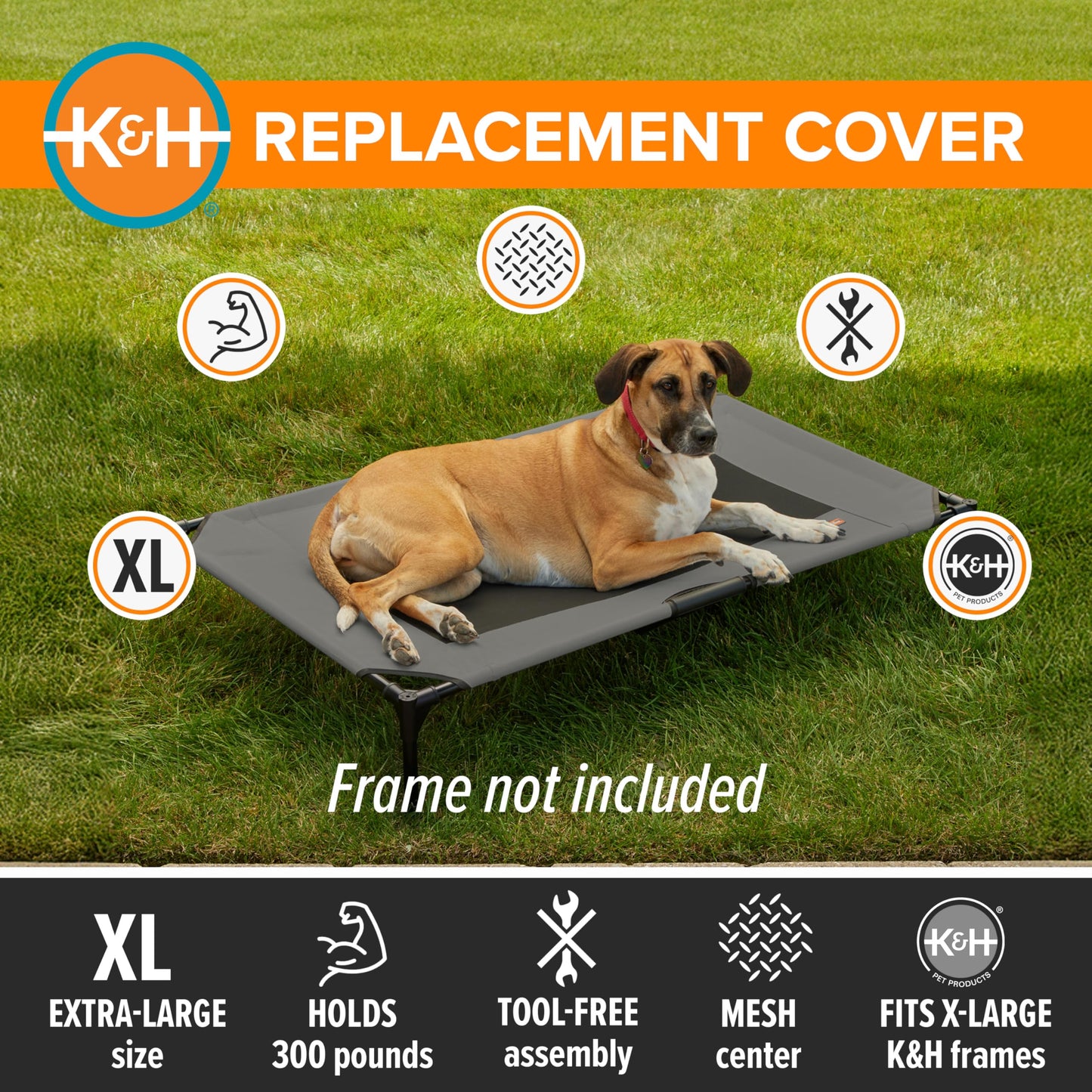 K&H Pet Products Dog Cot Replacement Cover, Designed to fit K&H XL Pet Cots (Sold Separately), Indoor Outdoor, Breathable Cooling Mesh Center, Machine Washable - Extra-Large 50 X 32in Gray
