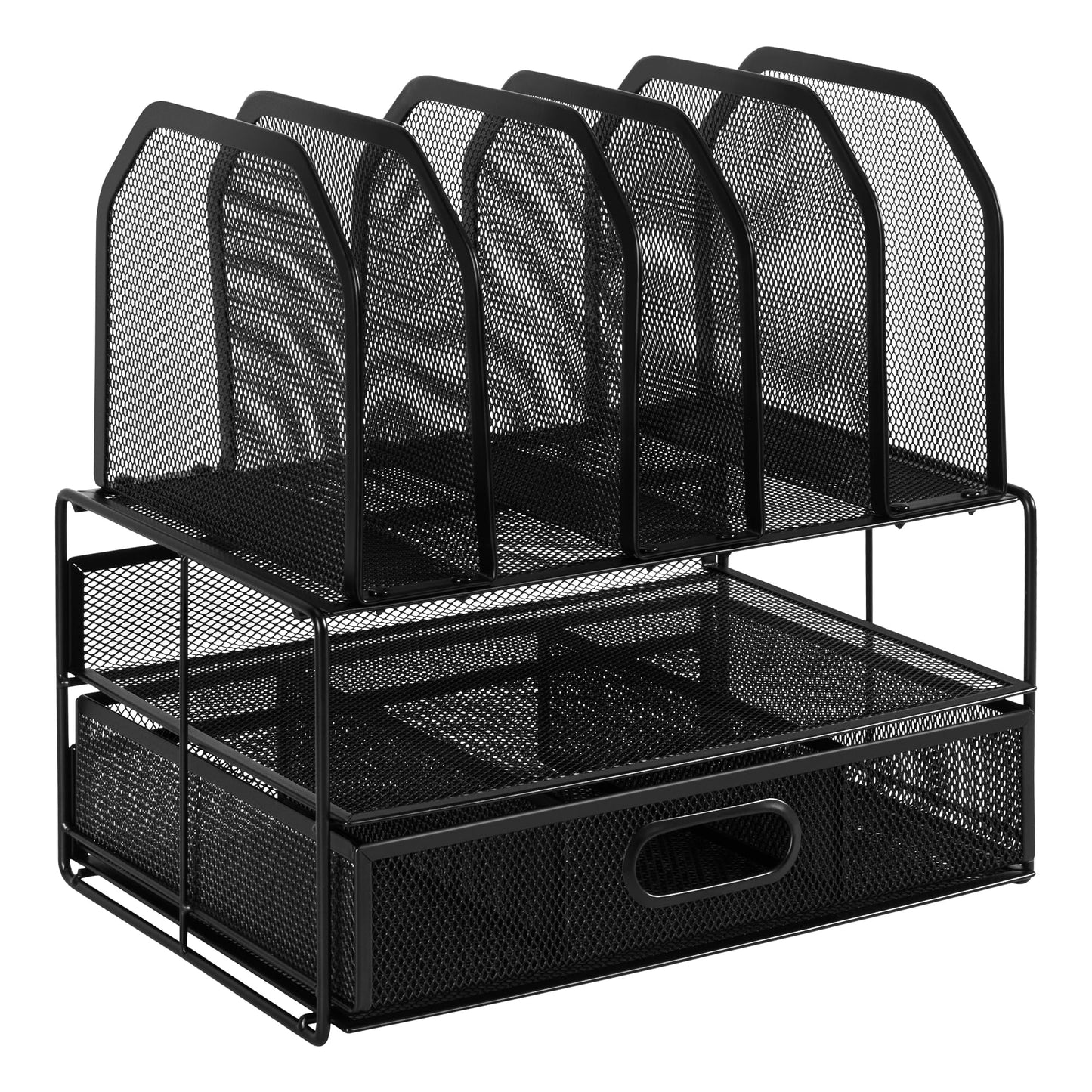 Amazon Basics Mesh Desk Organizer with Sliding Drawer, Double Tray and 5 Upright Sections, Black