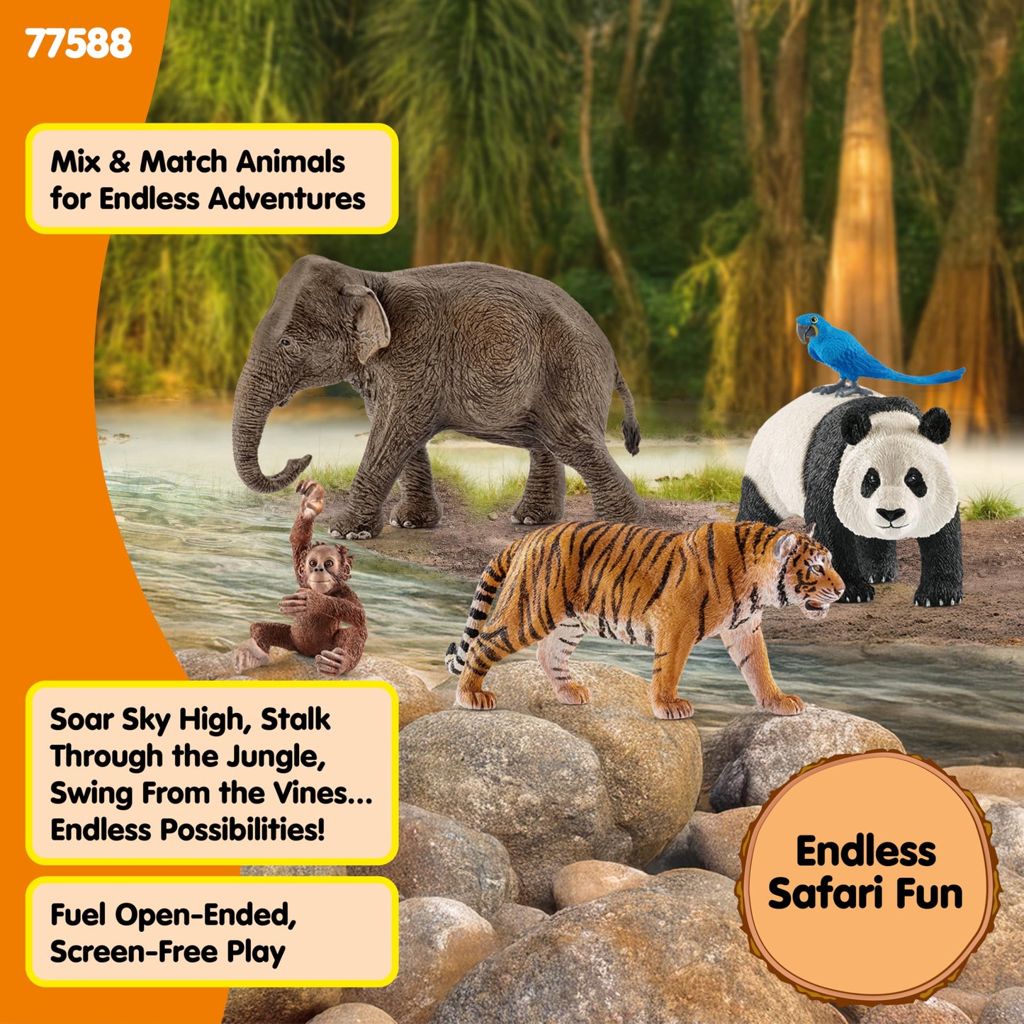 schleich Wild Life - 5PC Wild Animal Toy Set - Jungle Safari Bundle with Panda, Macaw, Baby Orangutan, Elephant, and Tiger Figurine - Realistic Wildlife Figures for Screen-Free Play - Kids 3+ | 77588
