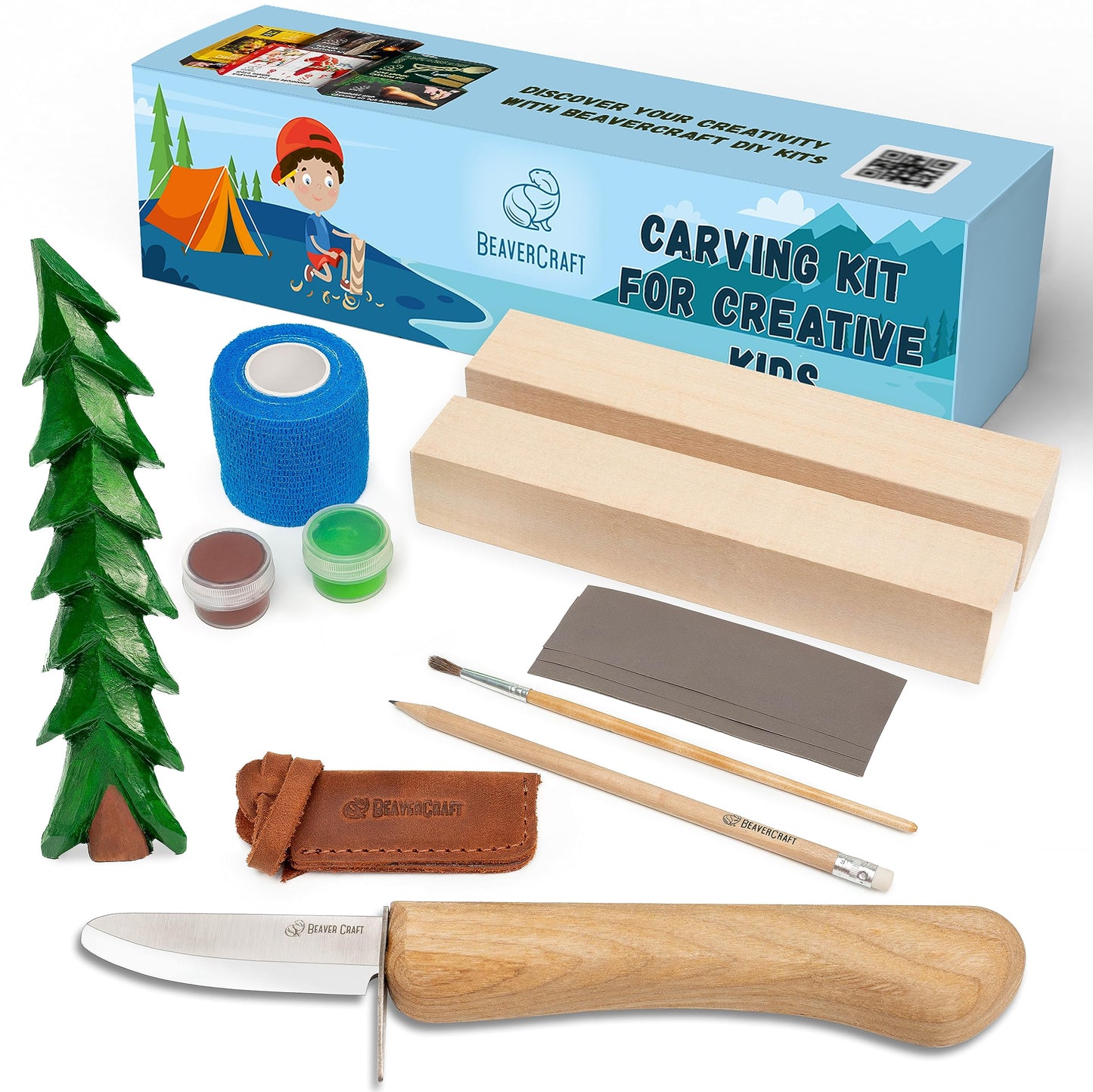 BeaverCraft Wood Carving Kit for Kids DIY 08 - Whittling Kit for Beginners - Hobby Kits for Boys – Whittling Set Includes Safety Wood Carving Knife for Kids, Basswood Blocks