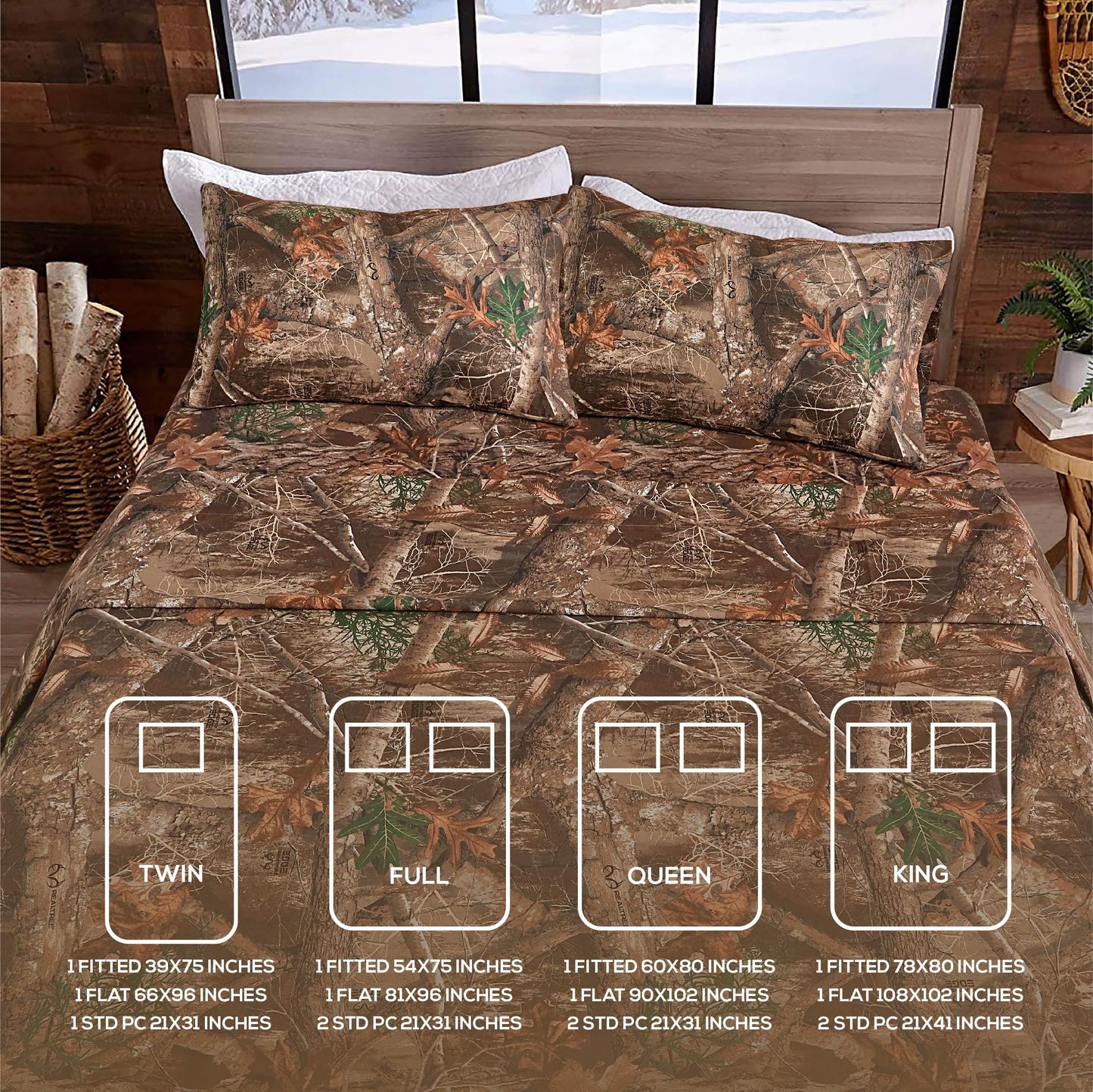 VISI-ONE Realtree Edge King Camo 4 Piece Sheet Set – Lightweight, Cooling, Wrinkle-Free Microfiber 15" Deep Pockets Sheets, Unisex Rustic Western Farmhouse Style Made to Complement All Living Spaces