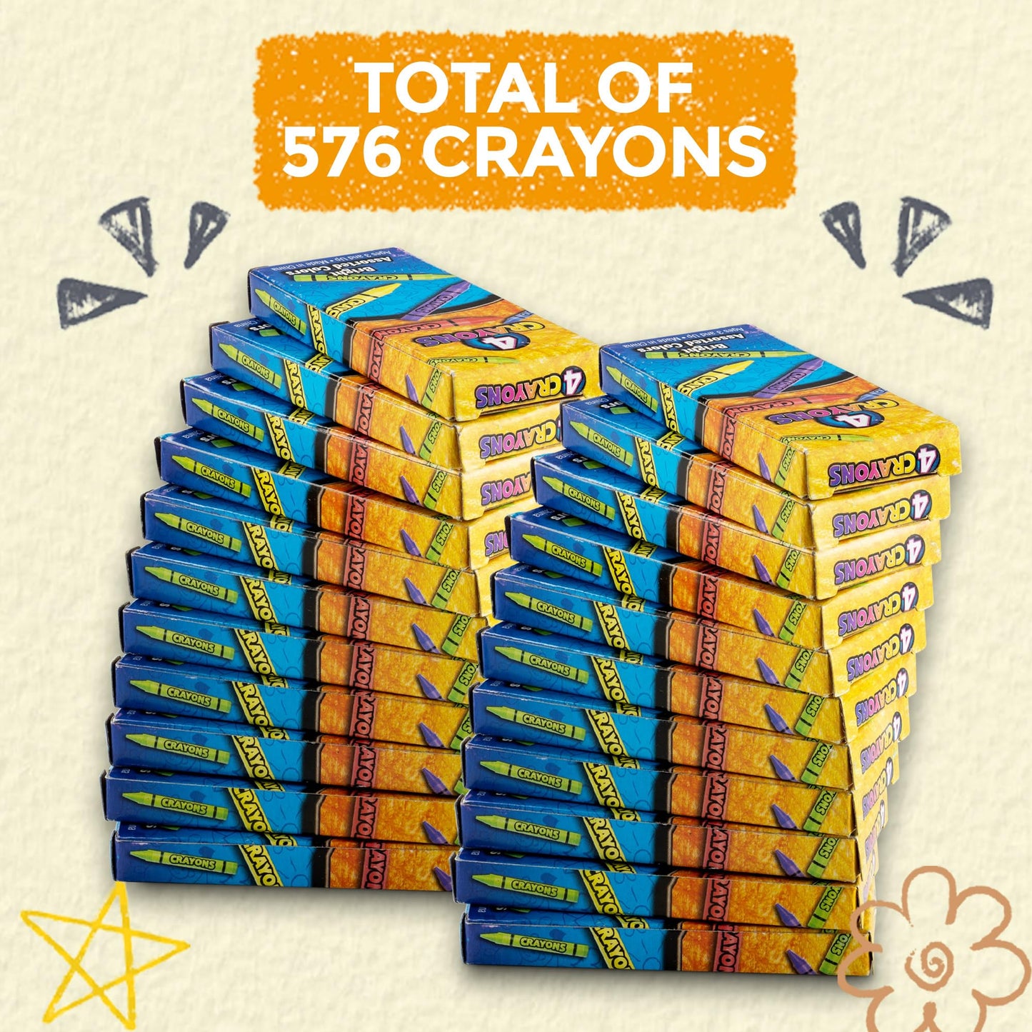 Bulk Crayons - 576 Crayons! Case Of 144 4-Packs, Premium Color Crayons for Kids and Toddlers, Non-Toxic, for Party Favors, Restaurants, Goody Bags, Stocking Stuffers