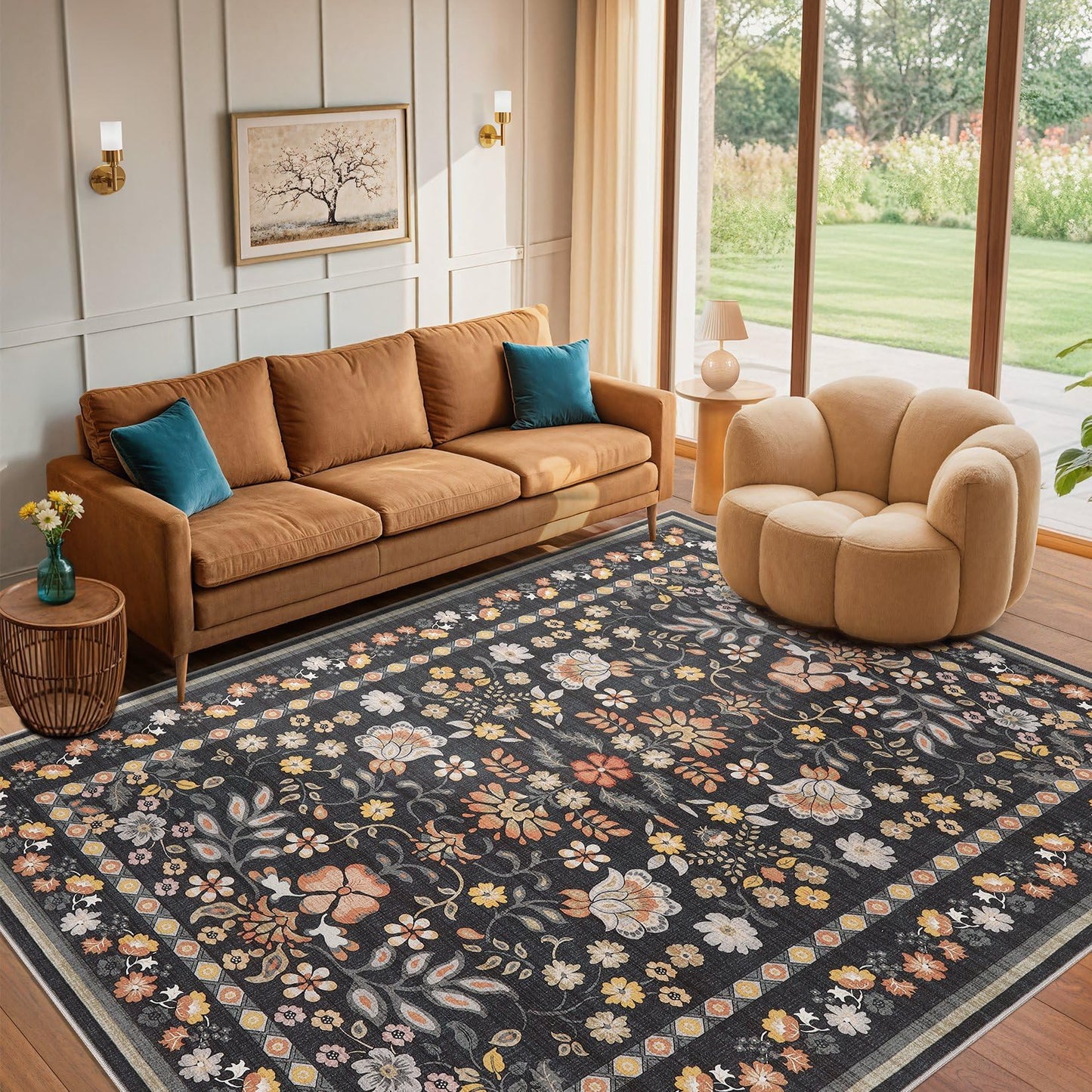 Uermei 5x7 Area Rug for Living Room: Washable Boho Floral Soft Non-Slip Low Pile Carpet for Bedroom Dining Room Kids Playroom Office Decor Indoor-Black Grey