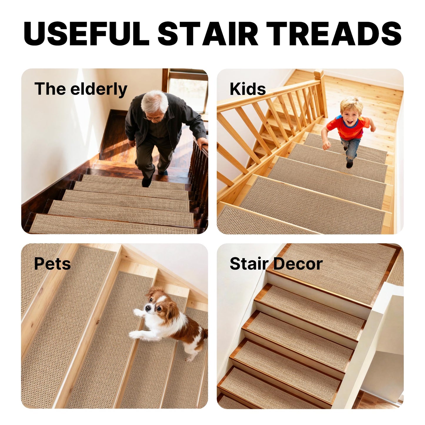 KUEAO Linen Stair Treads 15pcs 8"X30" Stair Mat for Wooden Steps Peel and Stick Stairs Carpet Treads Non Slip Indoor Staircase Covers Mat with Self-Adhesive Backing