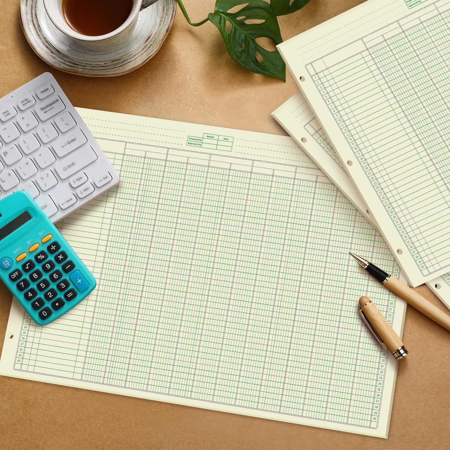 Fulmoon 5 Pack 250 Sheets Ledger Paper Accounting Columnar Pads 3 Hole Analysis Accounting Ledger Book for Business, 50 Sheets/Pack, Single Page Format, Green(16.375 x 11 Inch,13 Columnar)