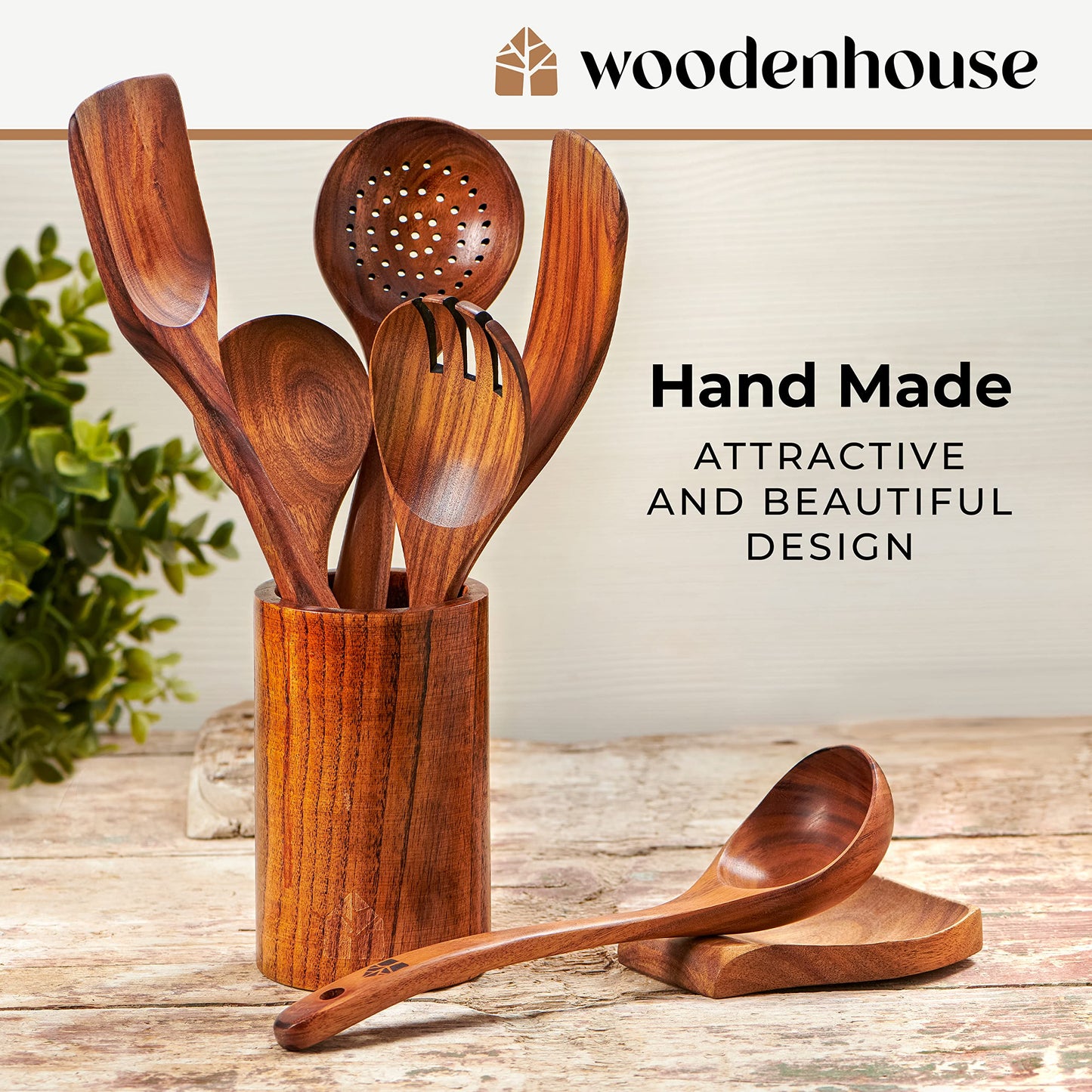 Wooden Spoons for Cooking, Cooking Utensils Set, Kitchen Utensil Set with Holder, Spoon Rest & Hanging Hooks, Teak Wood Nonstick Cookware – Durable Set of 8pcs by Woodenhouse