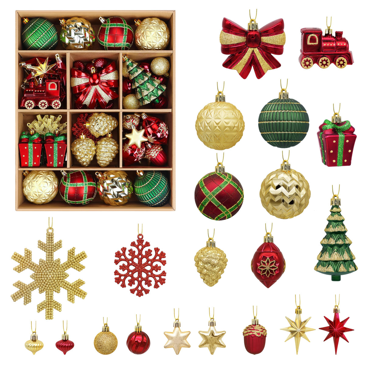 Alupssuc 82pcs Christmas Balls Ornaments Set, Delightful Classic Gift Set Gift Set, and Tree Topper for Xmas Tree Holiday Wedding Party Decorations with Hanging Strings, Gold，Red and Green