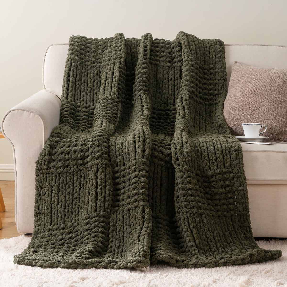 Bunnikins & Clover Olive Green Throw Blanket for Couch, Chunky Knit Blanket Throw with Chenille Yarn for Bed Living Room Home Decor, 50"x60"