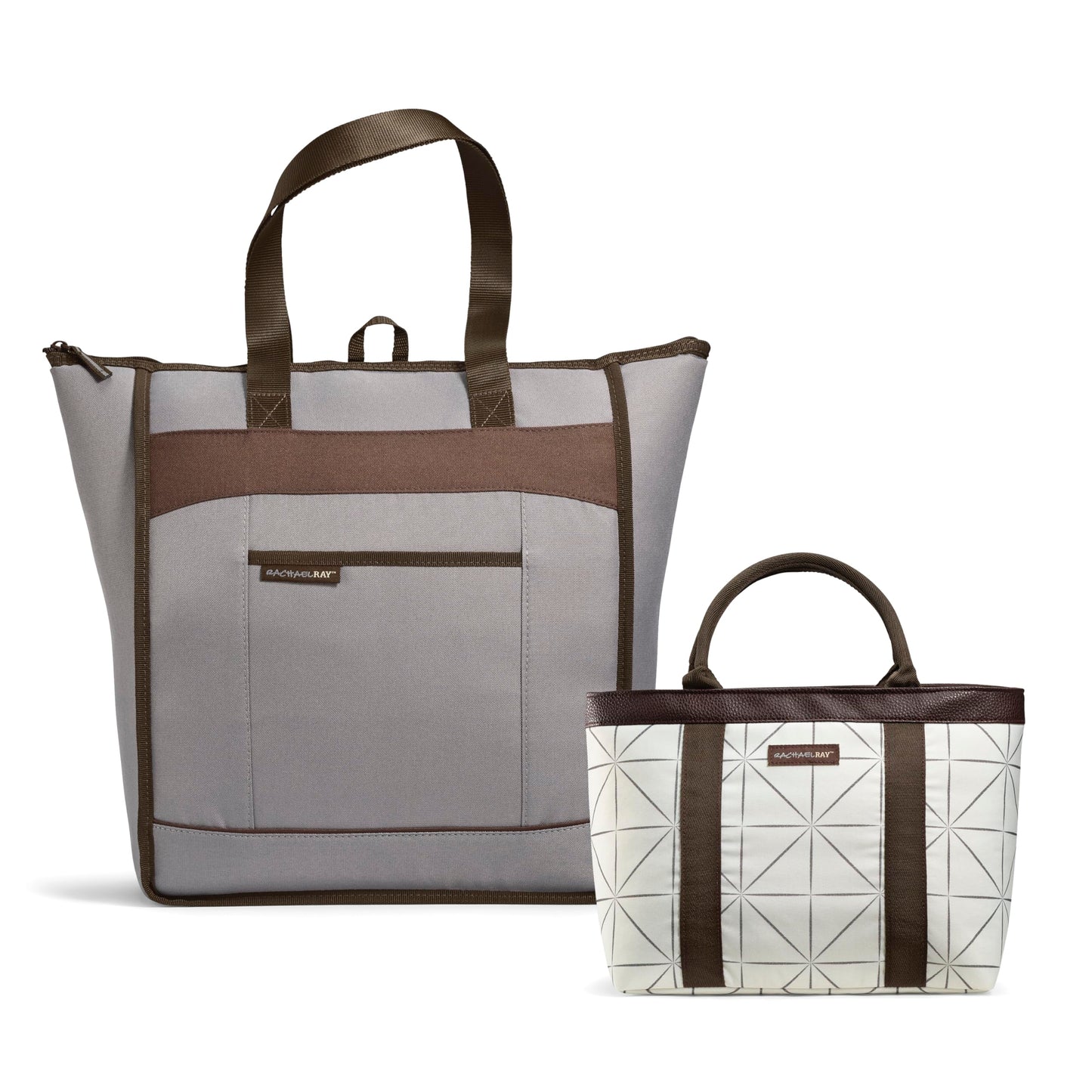 Rachael Ray Chillout Reusable Grocery Bag and Lunch Bag set, Cooler Bag, Soft Sided Cooler and Lunch Bag, Insulated and Leak Proof, Grey and Ivory Print