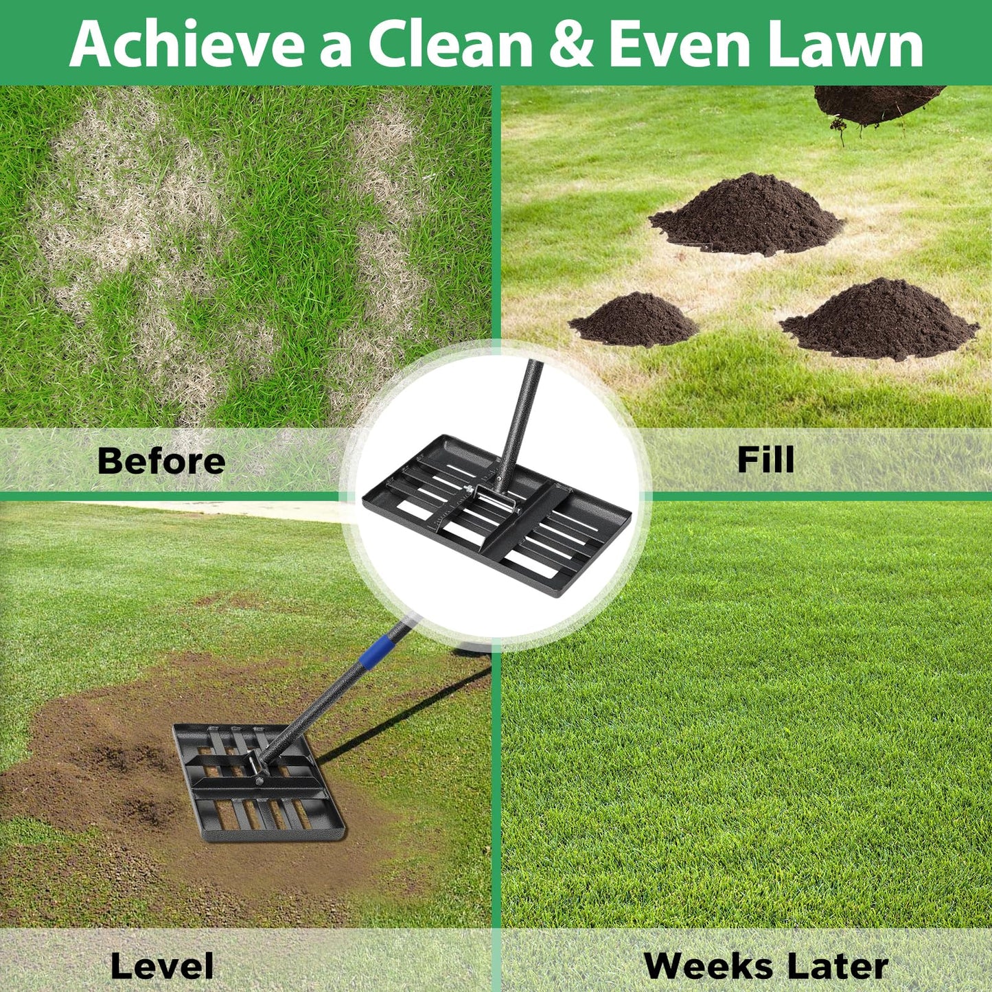 Rake, Lawn Leveling Rake with Round Edge, 5 FT Lawn Leveler with 17 x 10 Small Rakes Head for Smooth Garss Soil Dirt Sand, High Effect Long Handle Ground Leveling Tool for Yard Garden, No Flip