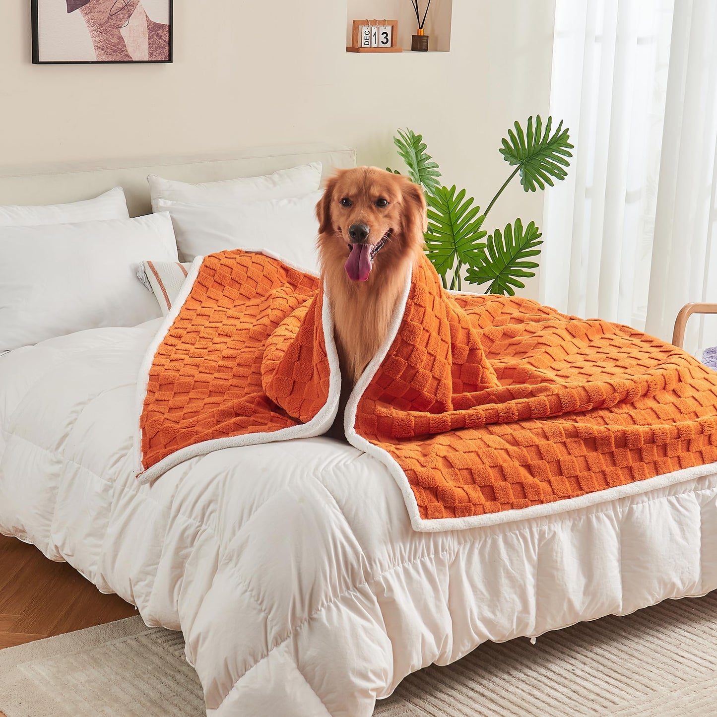 Yaning Checkered Waterproof Blanket for Bed Couch Sofa Car, Fluffy Soft Dog Blanket with 3D Jacquard Grid Pattern, Reversible Leakproof Pet Blankets for Dogs Cats Puppies, Burnt Orange, 50"x60"
