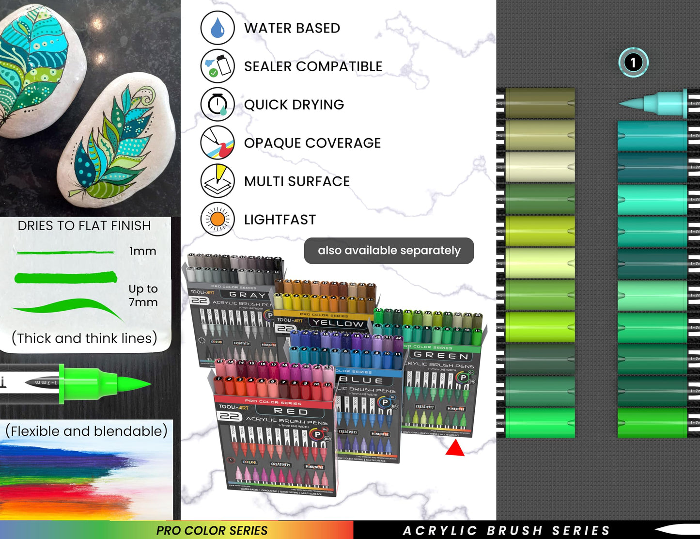 22 Flexible Brush Tip Green Tones Acrylic Paint Pens Markers Set 1-7mm Line for Rock Painting, Brush Lettering, Glass, Mugs, Wood, Metal, Canvas, Fabric, Plastic. Non Toxic Waterbased Quick Drying