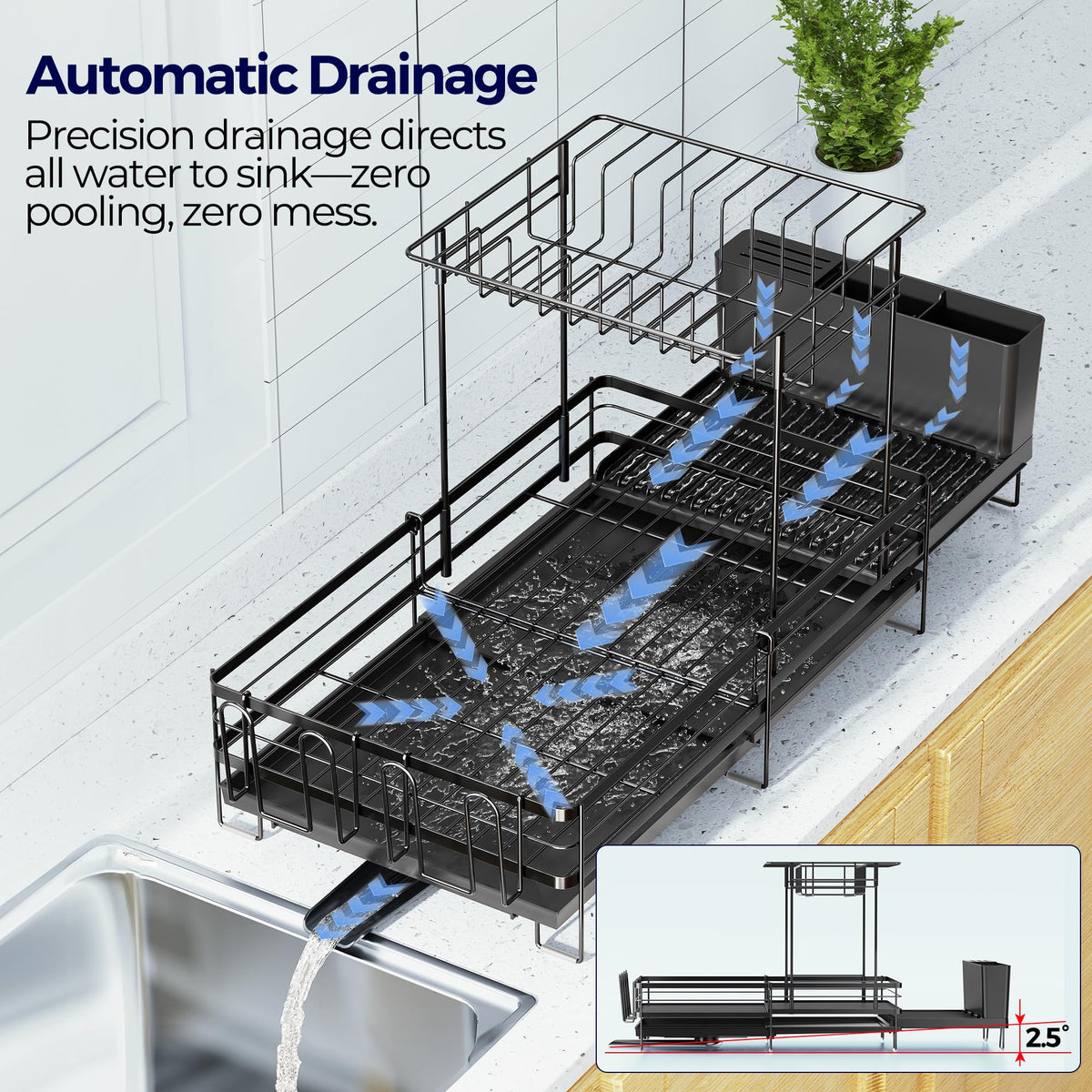 Large Dish Drying Rack, Expandable Dish Rack for Kitchen Counter, Upgraded Dish Drainer with Drainboard Set, Multifunctional Dishrack with Utensil Holder & Cup Holder, 13.4"-28.7" L x 11.8" W (2-Tier)