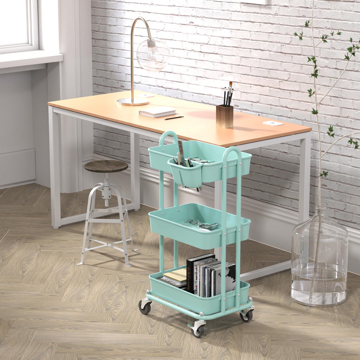 Simple Houseware 3-Tier Rolling Utility Cart with Hanging Buckets, Turquoise