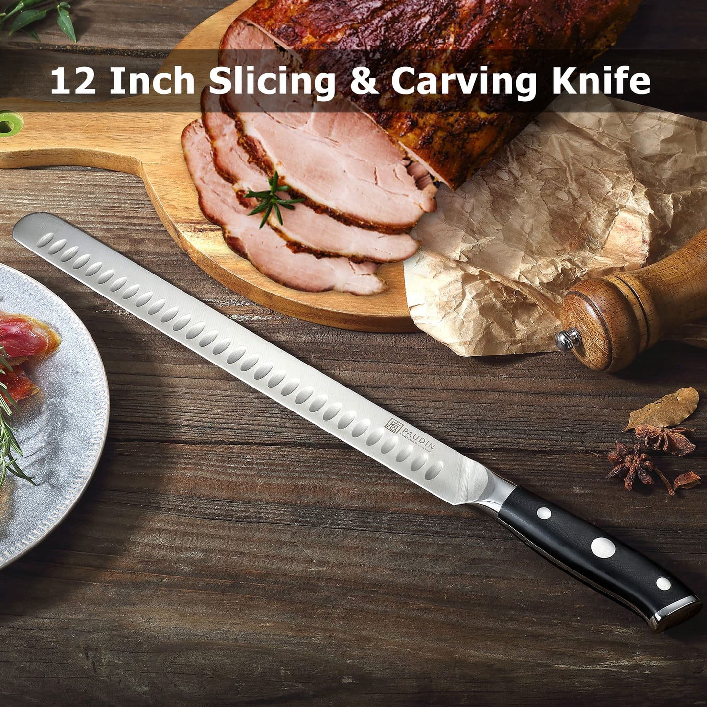 PAUDIN Carving Knife 12 Inch, Premium Brisket Knife, Full Tang Design with Granton Blade and Ergonomic G10 Handle, for Cutting Ham Roast Ribs Turkey, Ideal Gifts for Father's Day (Dishwasher Safe)