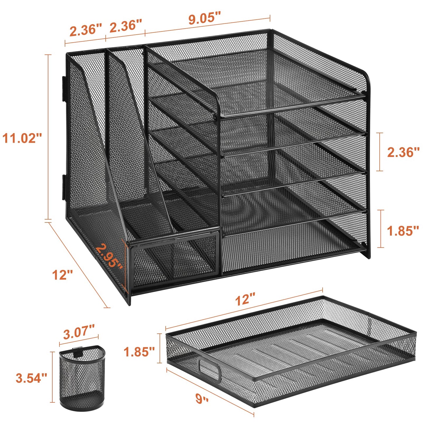 Marbrasse Desk Organizer with File Holder, 5 Tier Paper Letter Tray with Drawer and 2 Pen Holders, Document Organizer with Magazine Holder for School, Home, Office Supplies (Black)