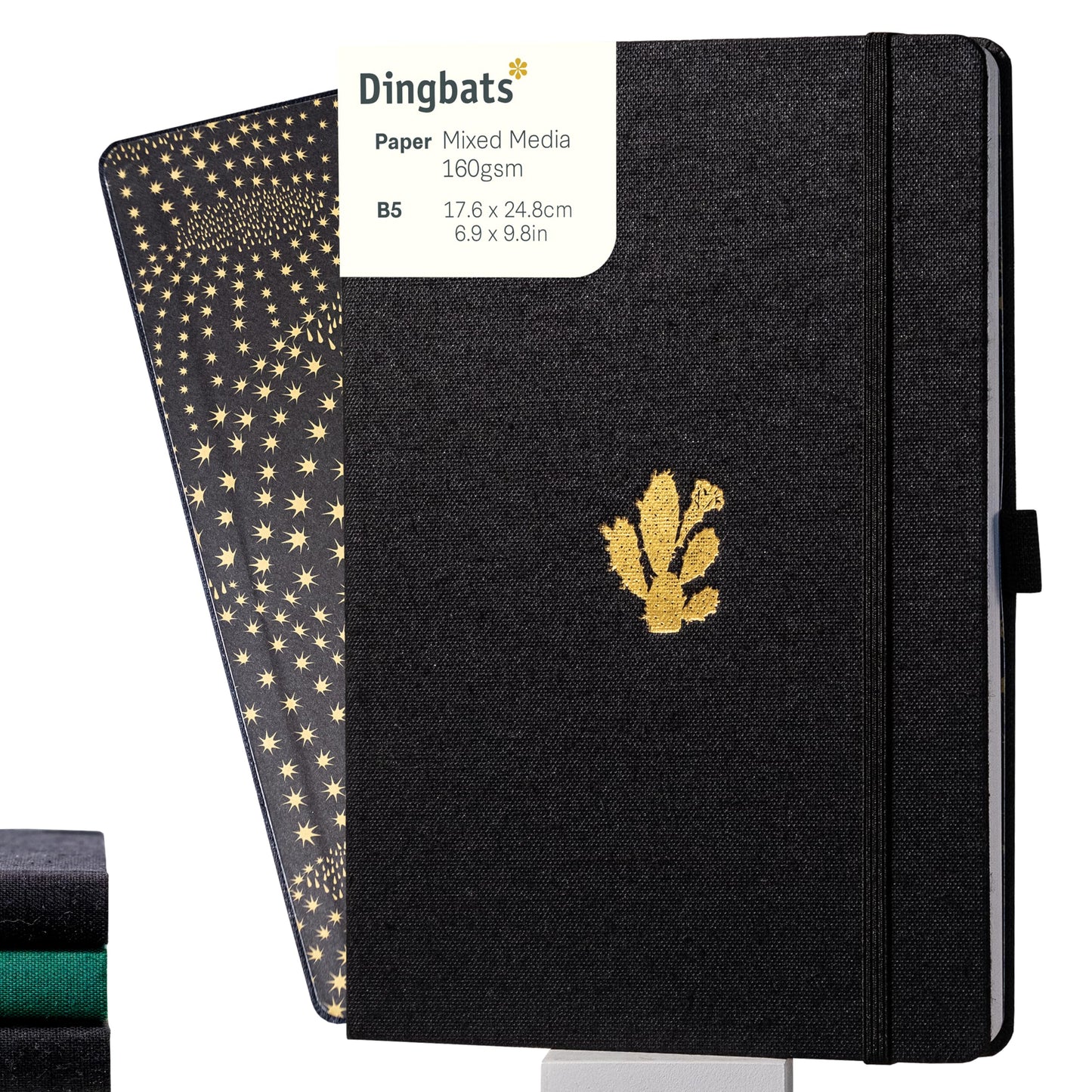 Dingbats* - Pro B5 Large Lined Notebook - Black Textile Cover, Thread-Bound Journal - for Work, Travel - Pocket, Elastic Closure, Pen Holder, Bookmark