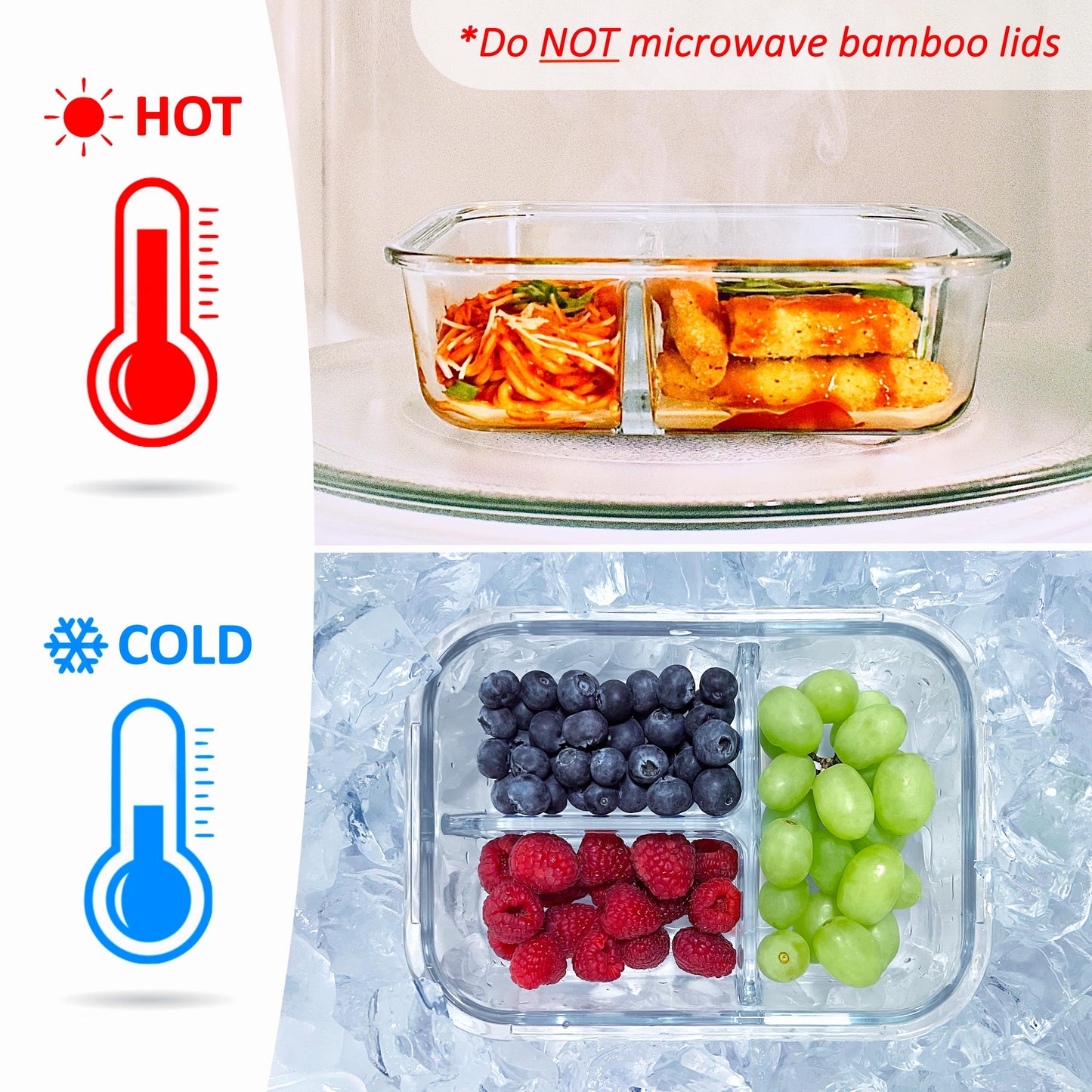 EcoPreps Glass Bento Boxes with Bamboo Lids, 3-Compartment Meal Prep Containers - 3 Pack, Eco-Friendly, Freezer Safe Glass Lunch Boxes
