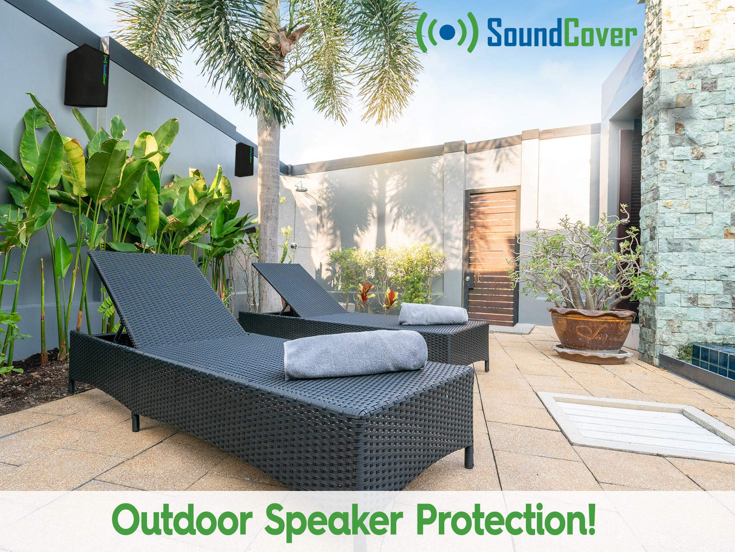 SoundCover Large Outdoor Speaker Covers for C-Bracket Mounted Speakers Premium 210T Polyester with Silver UV Protective Coating Water-Resistant, Open-Back Design with Drainage Eyelets Set of 2