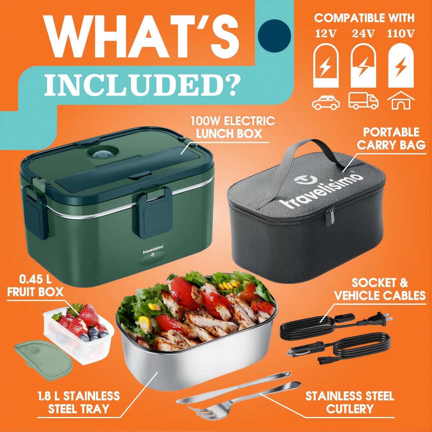 TRAVELISIMO Extra-Large Electric Lunch Box Food Heater 1.8L for Big Meals Heated Lunch Box for Men 100W Stainless Steel Portable Microwave 12V/24V/110V for Car/Truck/Office Portable Food Warmer
