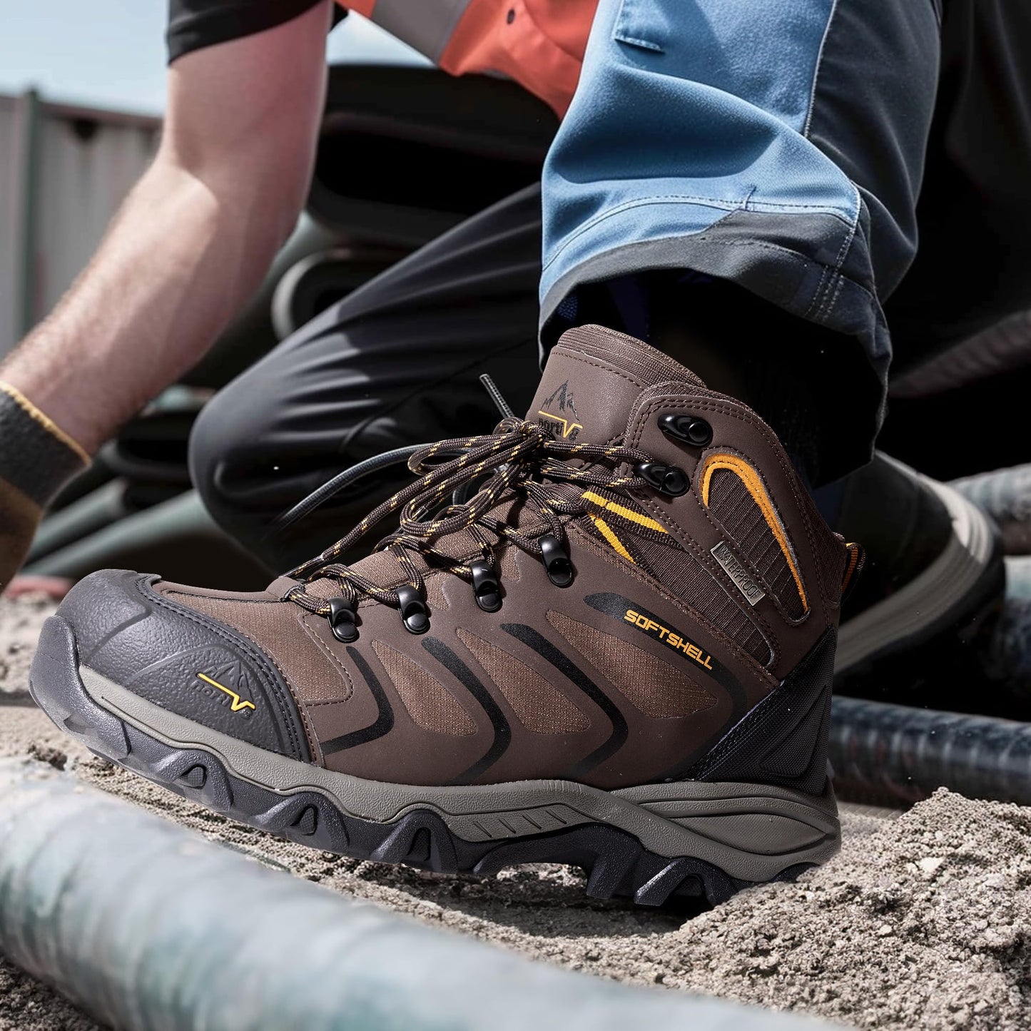 NORTIV 8 Waterproof Steel Toe Work Boots for Men Industrial Safety Slip-Resistant Shoes Construction Protective Boot ARMADILLO-STL ASTM F2413-18 Standard,Size 9,Brown/Black/Tan,160448_M-STEEL