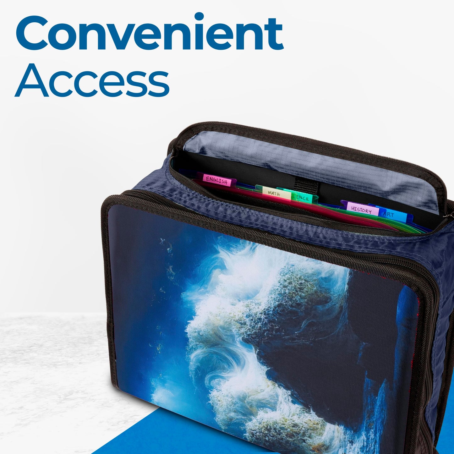 Case-it The Print Mighty Zip Tab Zipper Binder - 3 Inch O-Rings - 5 Color Tab Expanding File Folder - Multiple Pockets - 600 Sheet Capacity - Comes with Shoulder Strap - Tidal Wave D-146-P