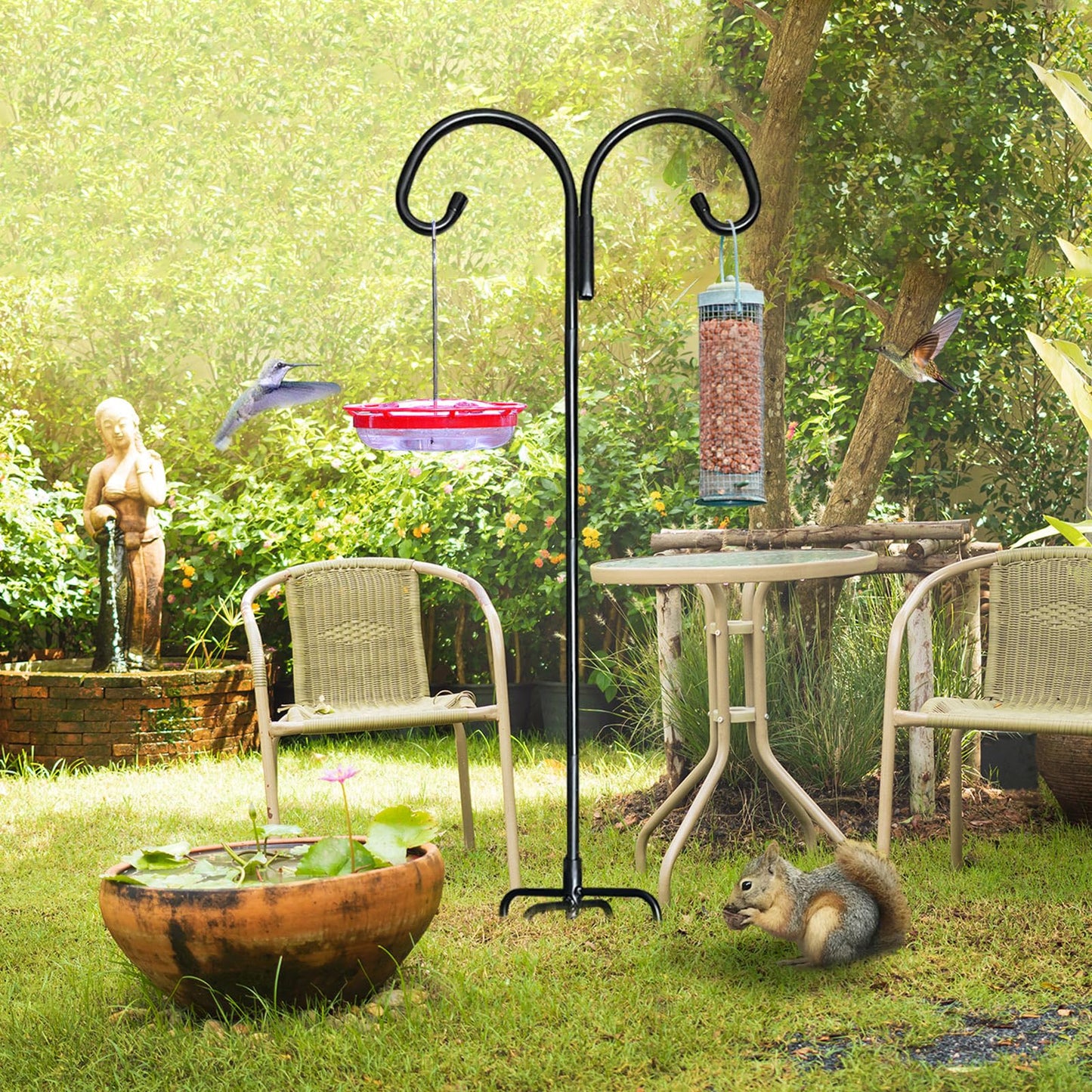 Heavy Double Shepherds Hook for Outdoor:60 Inches Garden Bird Feeder Pole with 5 Prongs, Adjustable Metal Bird Feeder Stand for Plant Solar Lights, poteau Pour Mangeoire Oiseaux (1, 60Inches)