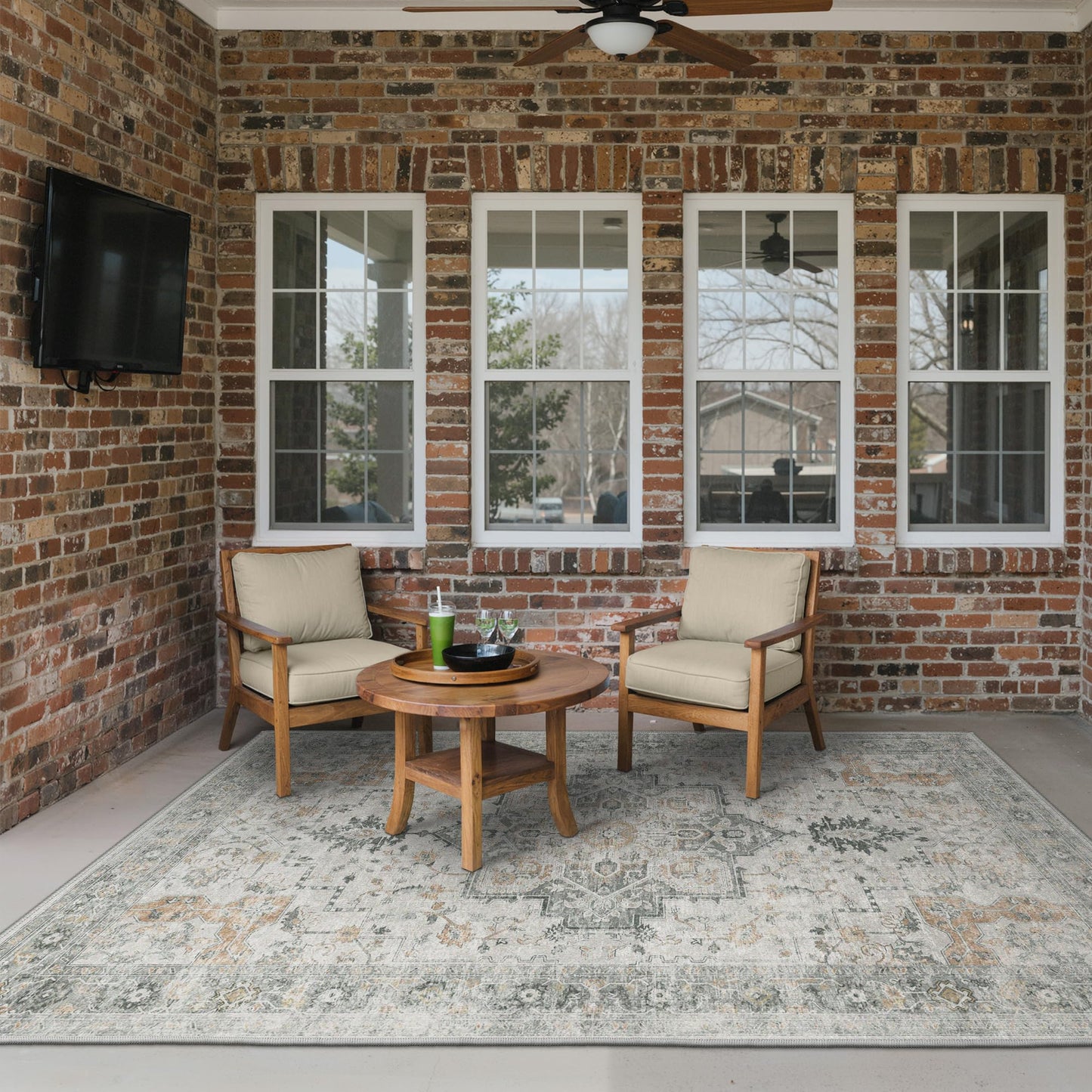 GENIMO Indoor & Outdoor Area Rug 5'x8', Waterproof, Non-Shedding, Easy Cleaning, Boho Mat for Patio, Living Room, Balcony, Dining Room, Deck, RV, Bedroom, Camping, Outside Carpet, Light Grey Brown