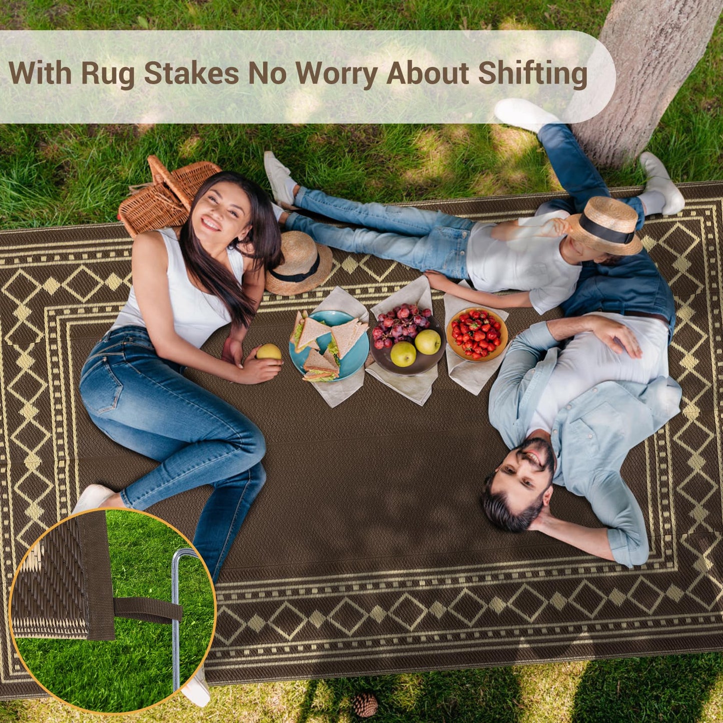 Garvee 6x9 Outdoor Camping Rug for Garden Contemporary Diamond Bordered Outdoor Picnic Mat Washable Non-Slip Easy-Clean Camper Carpets Brown Folding Portable Area Rug for Beach Backyard RV