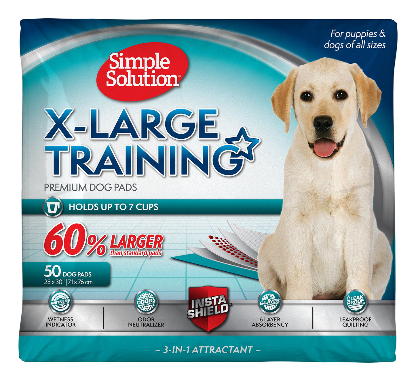 Simple Solution Training Puppy Pads | Extra Large, 6 Layer Dog Pee Pads, Absorbs Up to 7 Cups of Liquid | 28x30 Inches, 50 Count