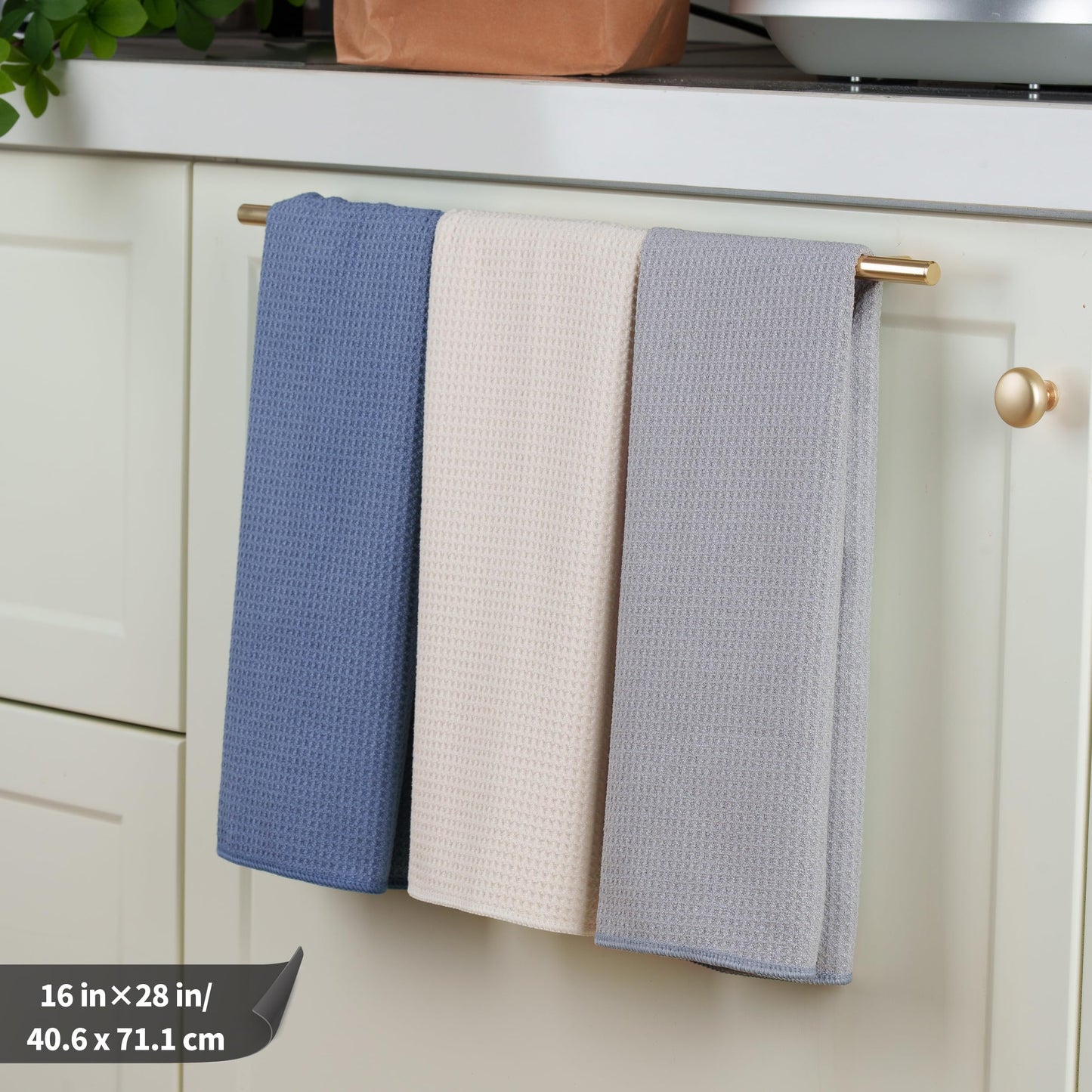 Polyte Premium Microfiber Kitchen Dish Hand Towel Waffle Weave (Dark Blue, Gray, Off White, 16x28) 12 Pack