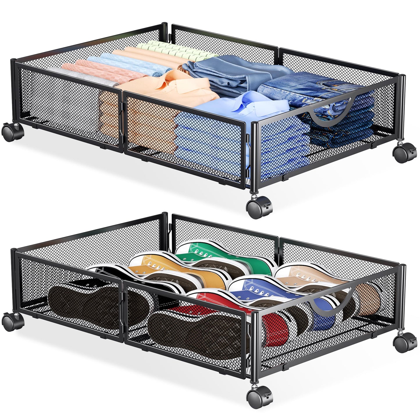 Yecaye Under Bed Storage with Wheels, 2 Pack Under Bed Shoe Storage Organizer Drawer, Tool-free Assembly Metal Underbed Storage Containers for Clothes, Shoes, Toys, Black