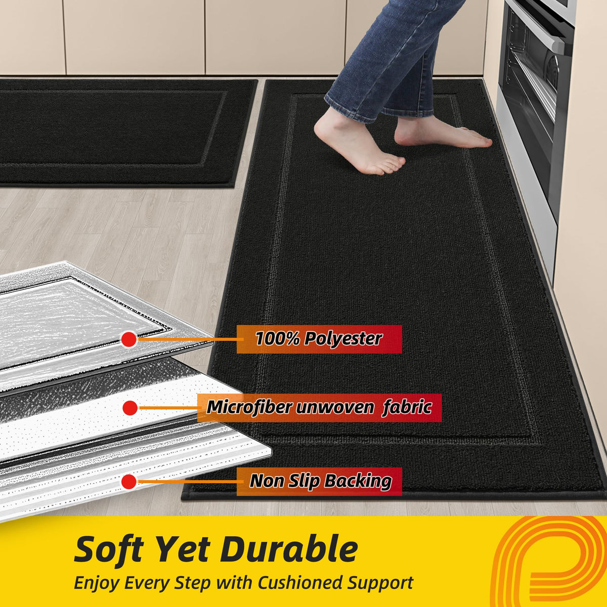 JSEI Non-Slip Kitchen Mats, Self Adhesive No Sliding Kitchen Rugs Set of 2, Washable Absorbent Floor Mat for Kitchen, Bathroom, Laundry Room, Bedroom, 24"x36"+24"x60" Black, Rectangular Pattern