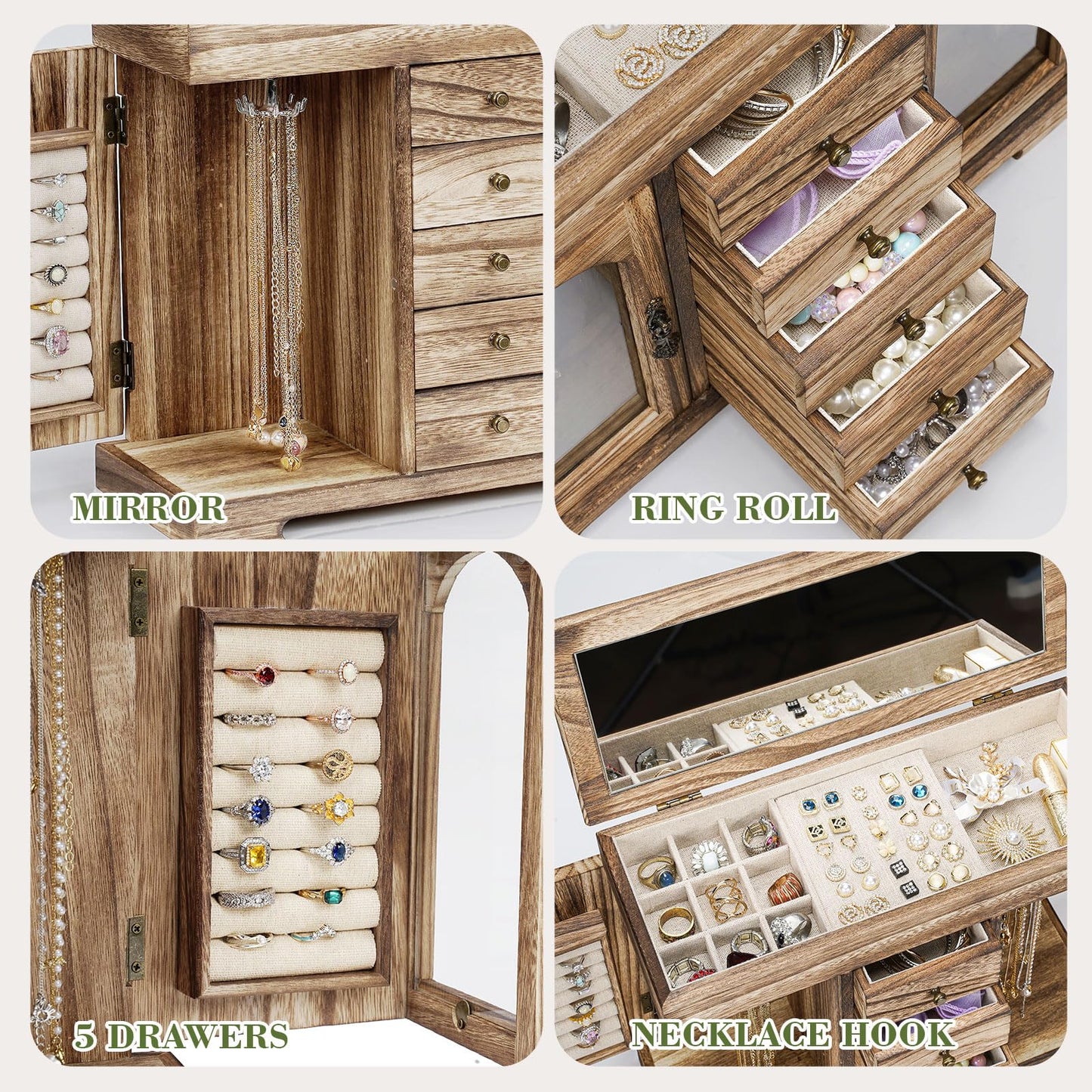 Emfogo Jewelry Box for Women Girls, Rustic Wooden Jewelry Organizer Box with Mirror, 5 Layer Jewelry Storage Case Display for Necklaces Earrings Rings Bracelets Valentine's Day Gifts