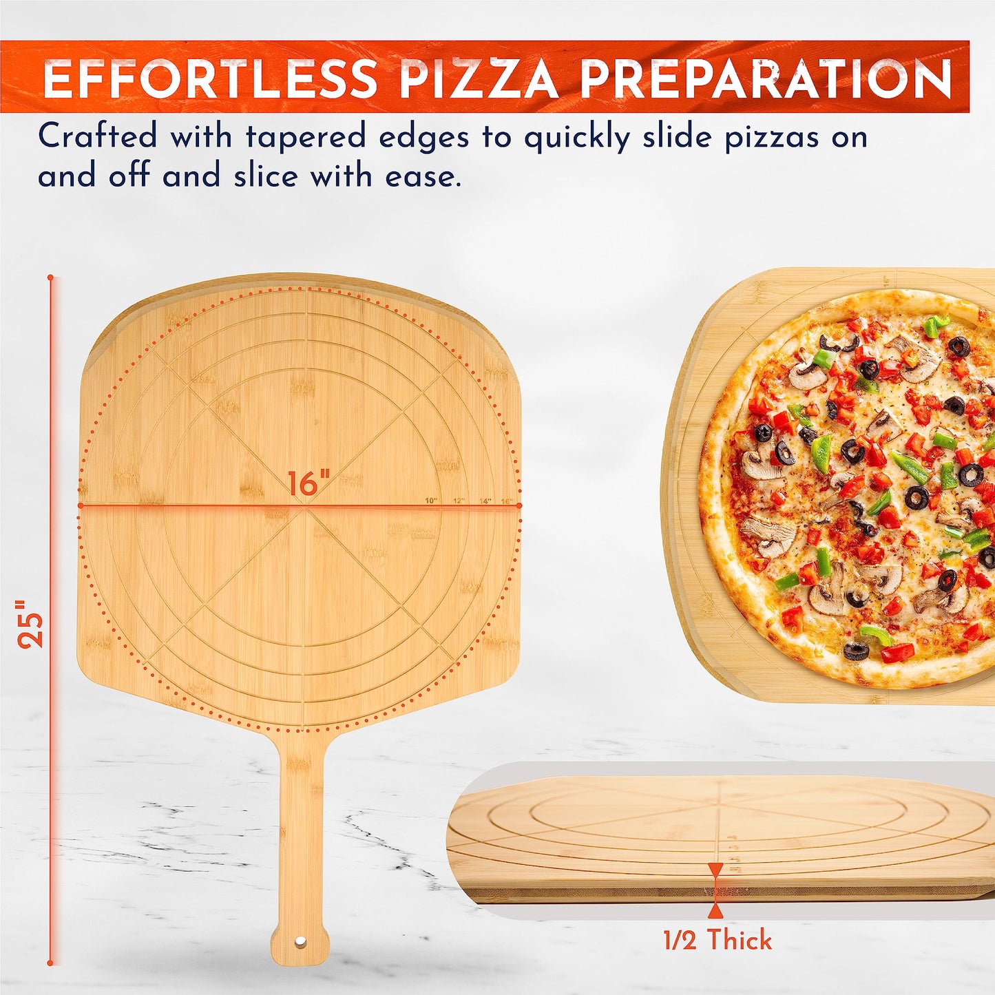 Loftern 16-Inch Bamboo Wood Pizza Peel - Multi-Purpose Bamboo Pizza Cutting Board, Wood Pizza Peel, Pizza Spatula Paddle, and Serving Board with Size and Cutting Guide