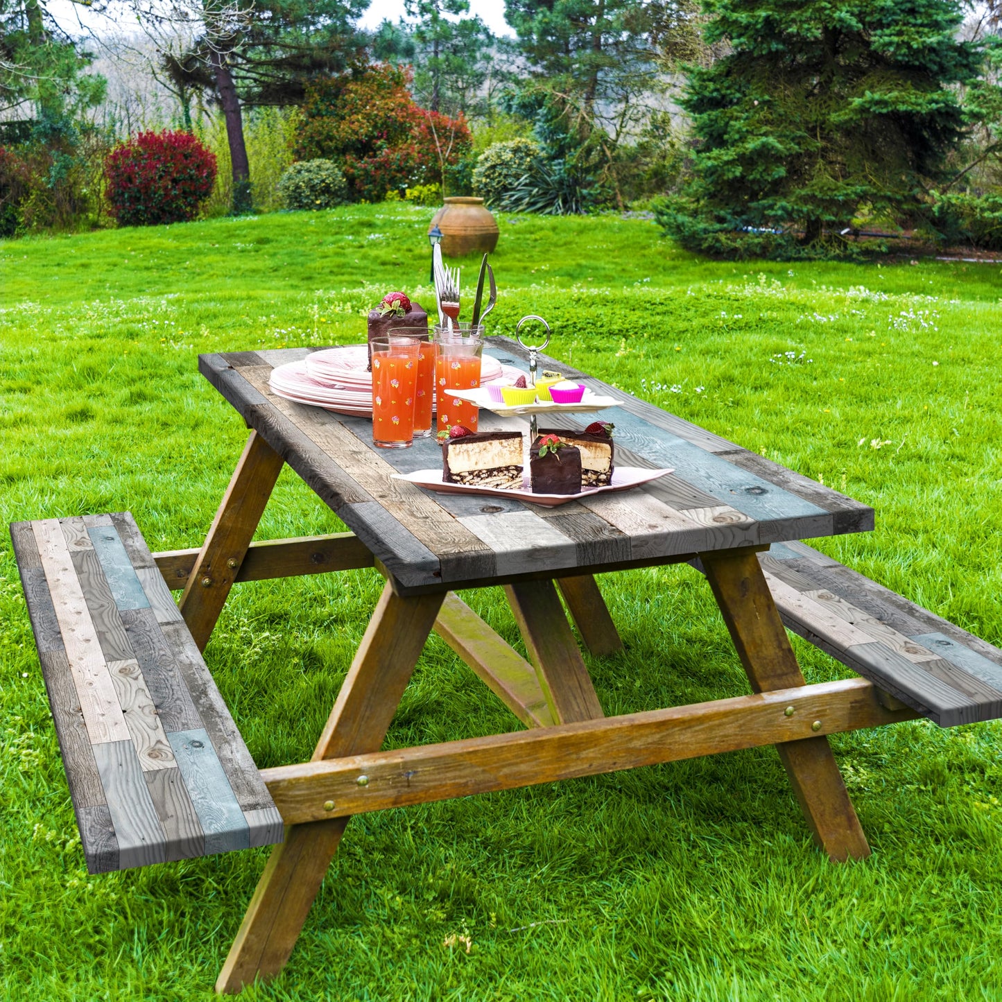 Picnic Table Cover with Bench Covers Farmhouse Outdoor Picnic Table Covers with Elastic Waterproof Tablecloths for Rectangle Picnic Tables for Camping Party Travel