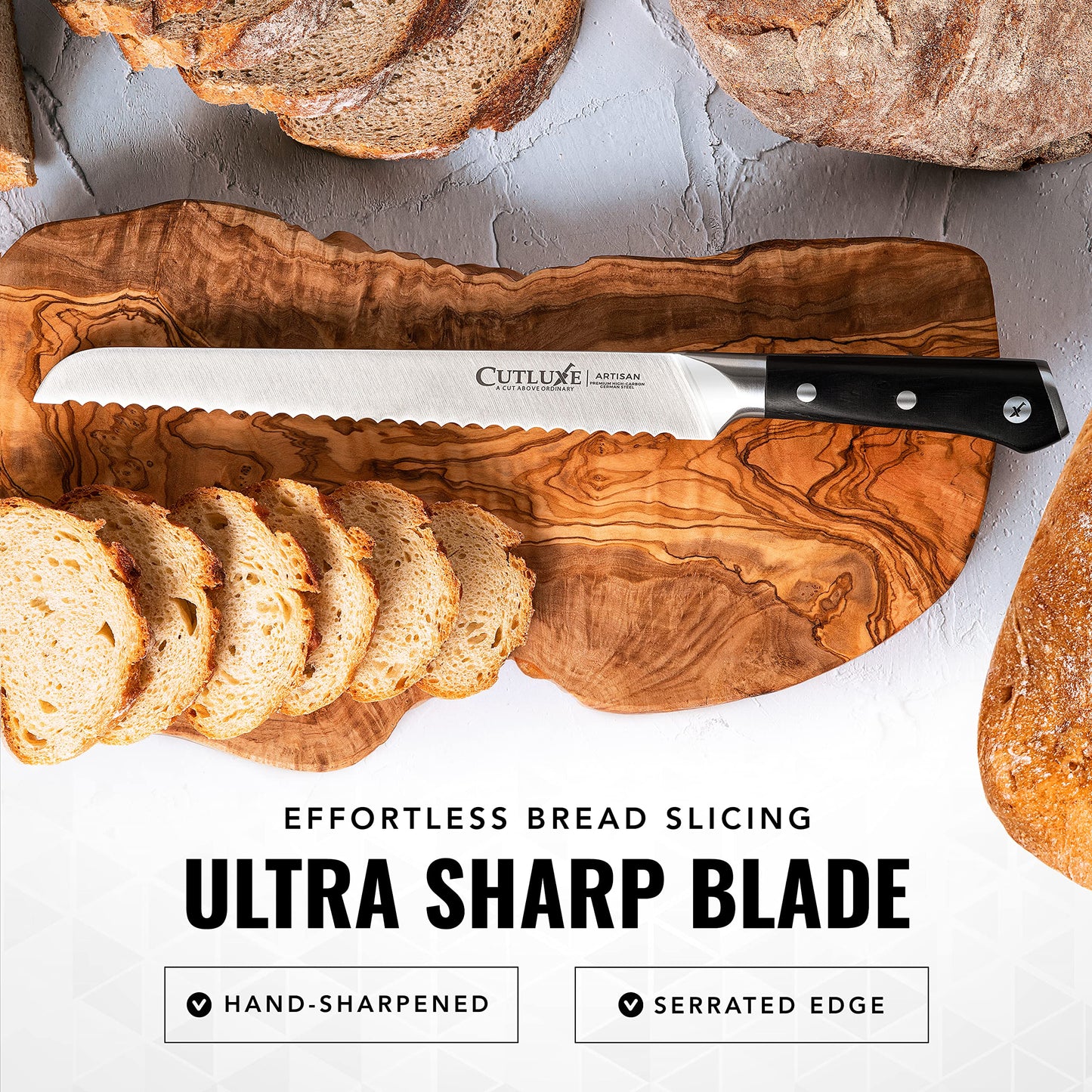 Cutluxe Bread Knife, 10" Serrated Knife, Perfect for Homemade, Sourdough Bread – High Carbon German Steel, Full Tang, Ergonomic Handle Design – Artisan Series