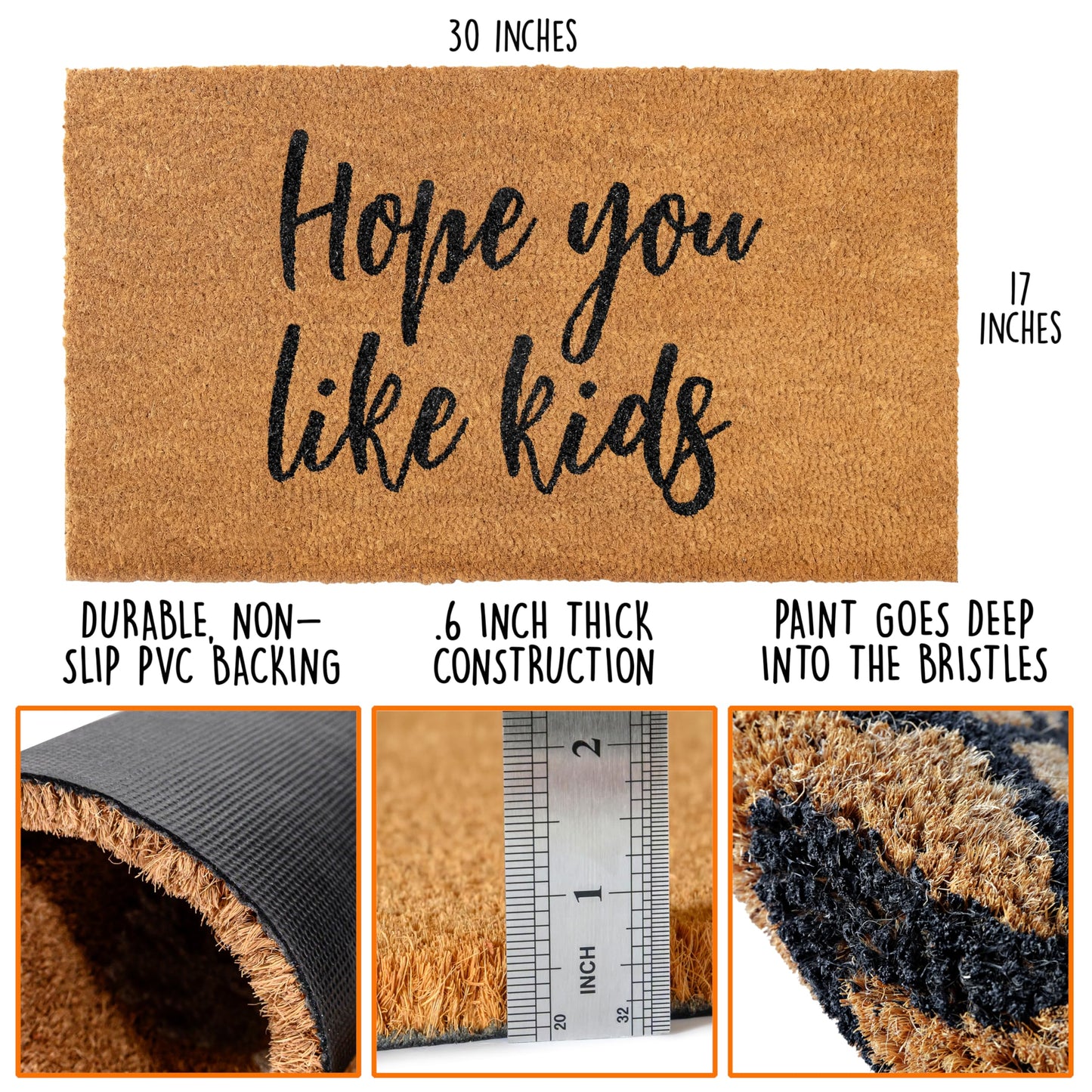 Hope You Like Kids Doormat 30x17 Inch, Funny Coir Mat Front Door, Hope You Like Kids Welcome Mat with Thick Non-Slip PVC Backing, Funny Coir Mat, Entrance Mat Outdoor