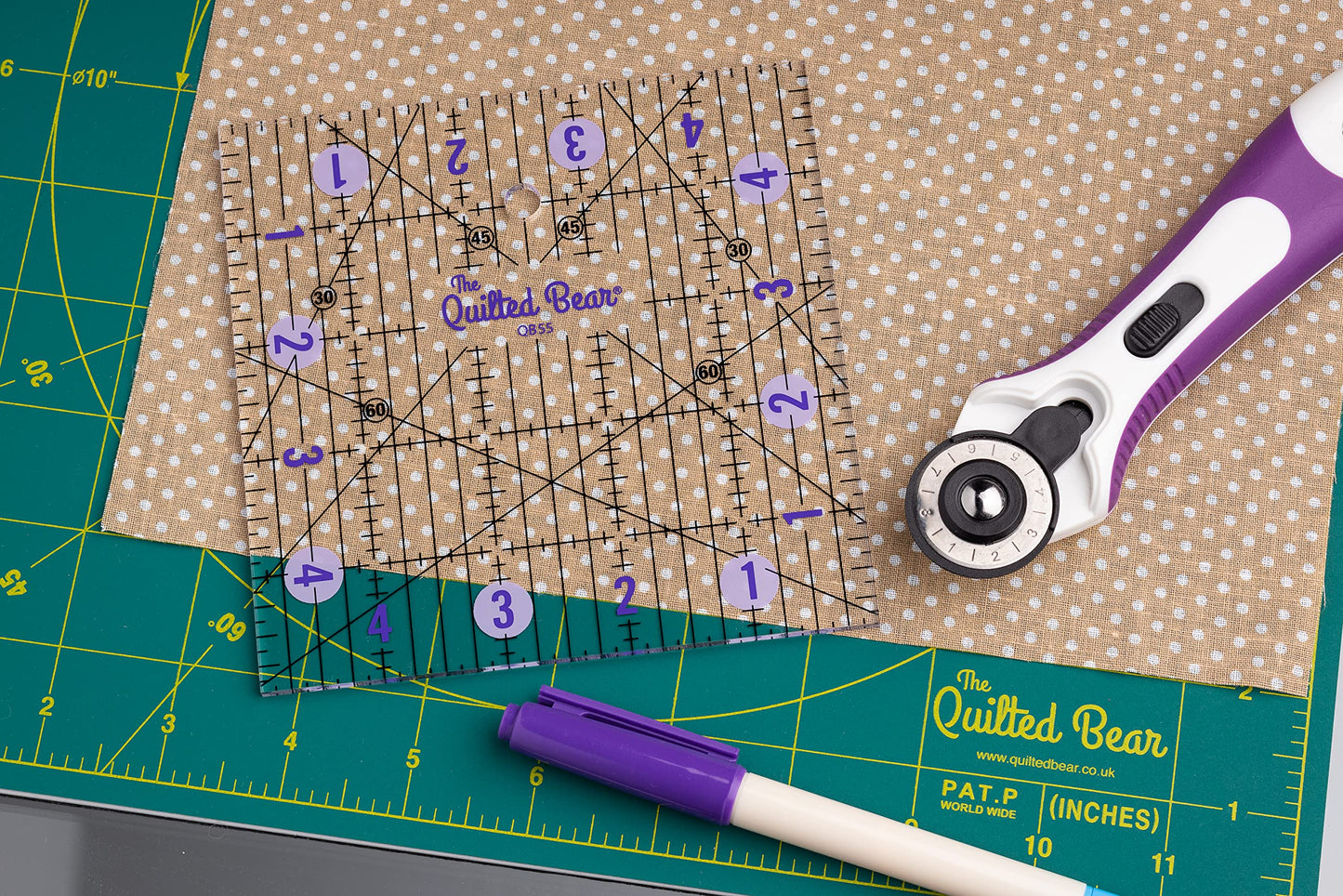 The Quilted Bear Rotating Cutting Mat - 12"x 12" Square Self Healing 360° Rotating Craft Cutting Mat with Innovative Locking Mechanism for Quilting & Sewing (Green)