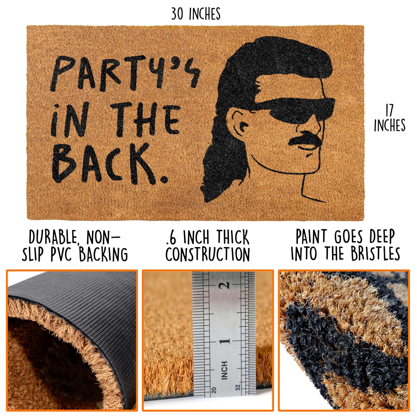 Party's in the Back Door Mat 30x17 Inch, Welcome Mat Funny for Covered Outdoor Area, Coir Doormat Decor w/Non-Slip PVC Backing